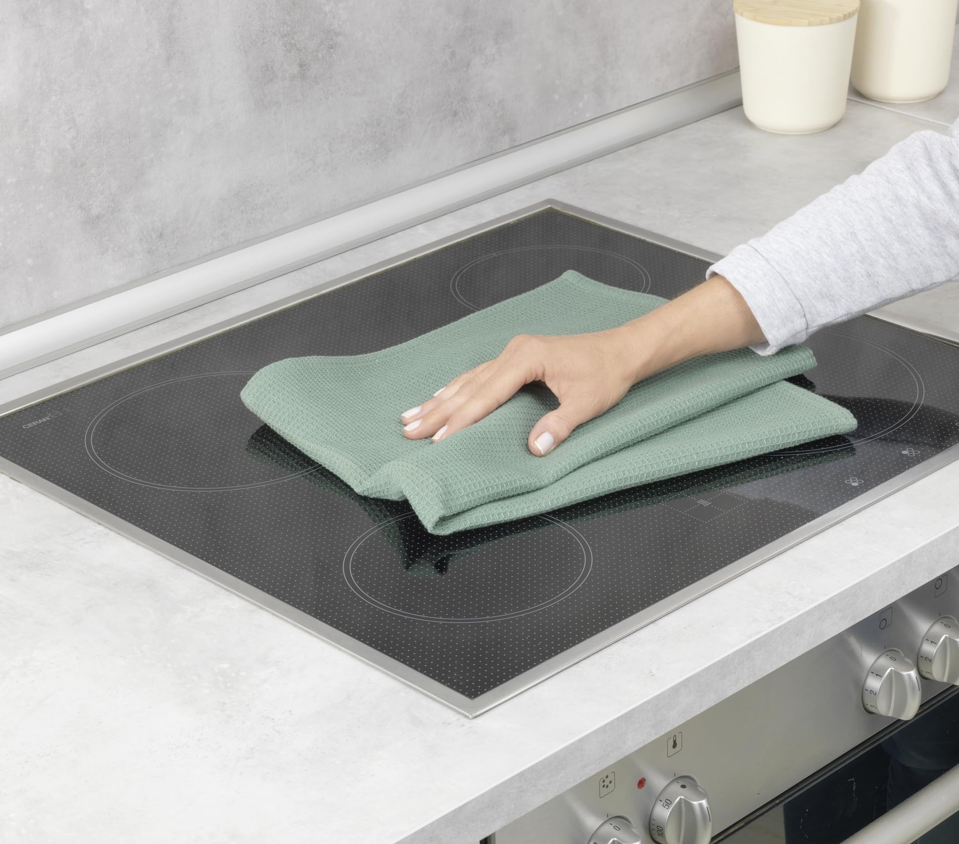 Set Strofinacci Da Cucina Wenko MOD. Tito 2 Pezzi - Cotone 100% 45x65 Cm - Design Righe E Waffle Verde - 4