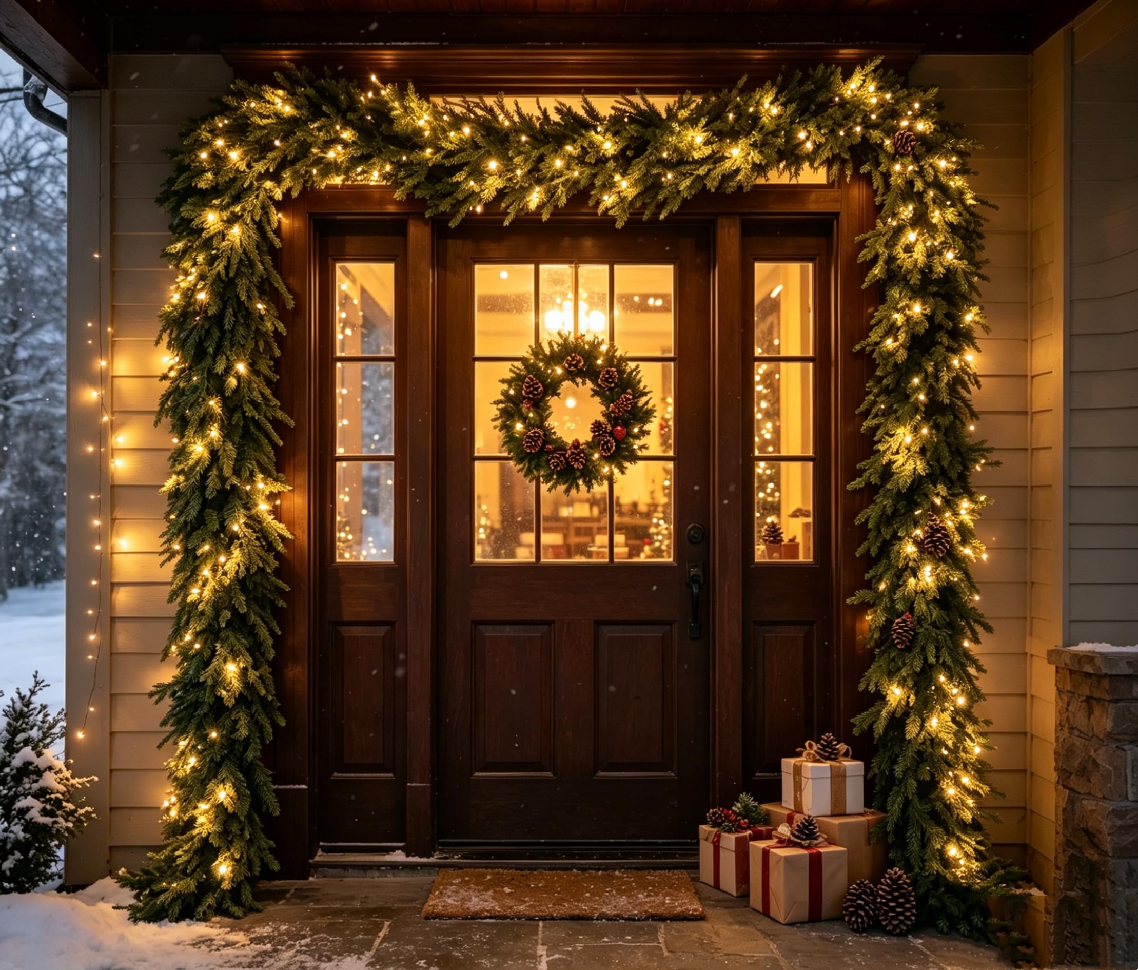 Guirnalda Navidad de 5 Metros con 50 Luces LED Cálidas, Guirnalda Verde con 140 Ramas, Decoración Navideña para Interior y Exterior con Temporizador Automático,Ideal para Puertas, Ventanas y Jardines