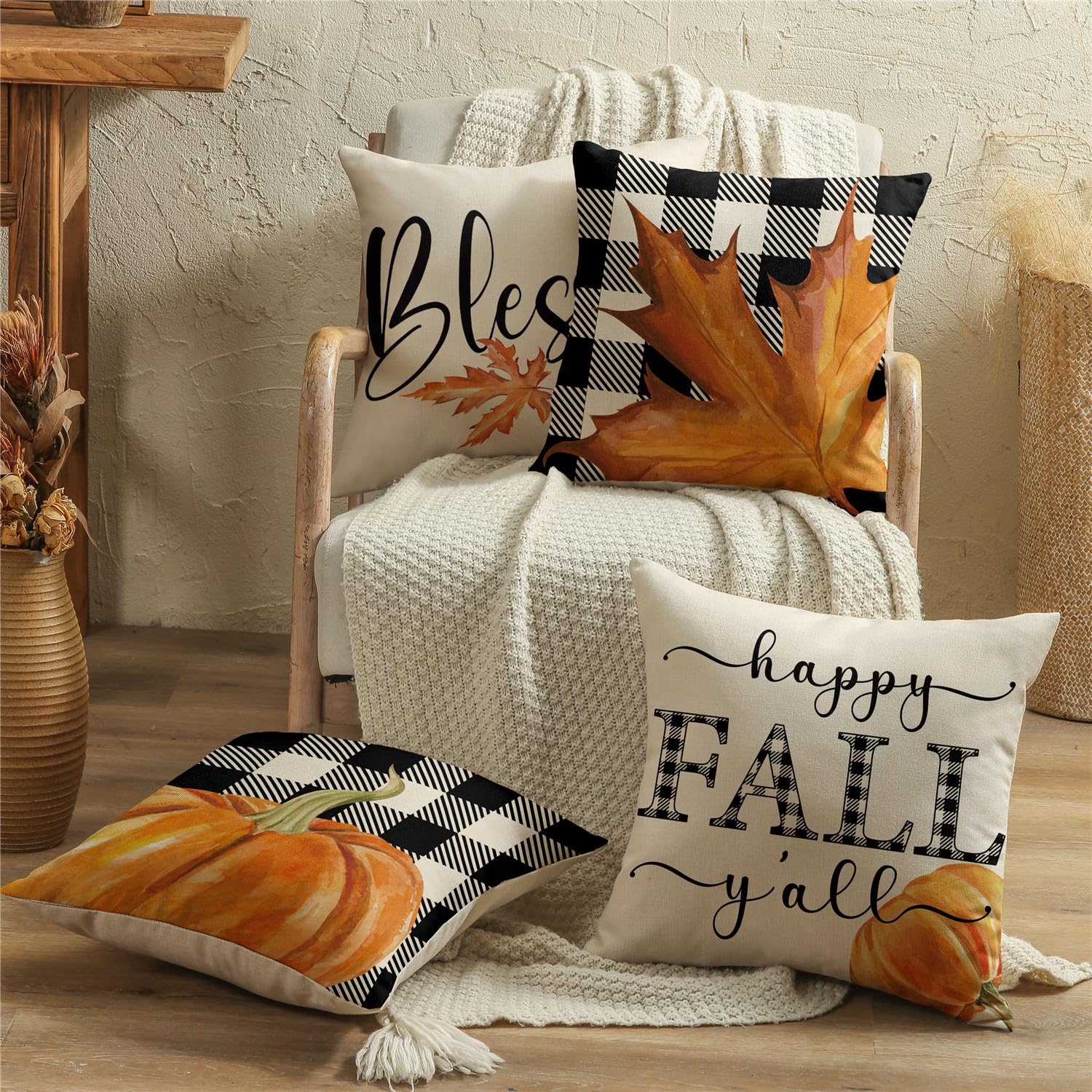 Lot De 2 Housses De Coussin Automnales Motif Chat Et Citrouilles - Lin 45x45 Cm - Pour Intérieur Et Extérieur