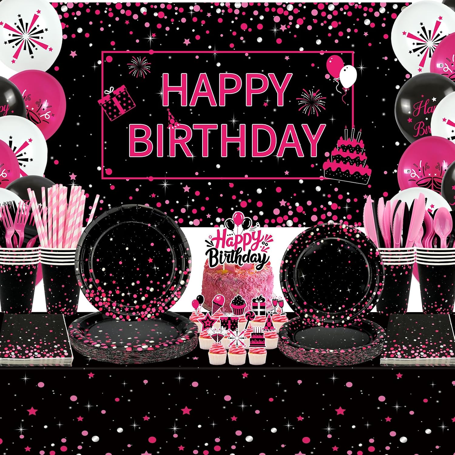 Pink Black Birthday Party Decorations - Pink and Black Party Supplies including Backdrop, Plates, Cake Toppers, Cups, Napkins, Balloons, Tablecloth - Serves 20