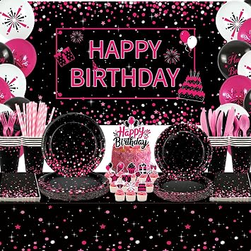 Pink Black Birthday Party Decorations - Pink and Black Party Supplies including Backdrop, Plates, Cake Toppers, Cups, Napkins, Balloons, Tablecloth - Serves 20