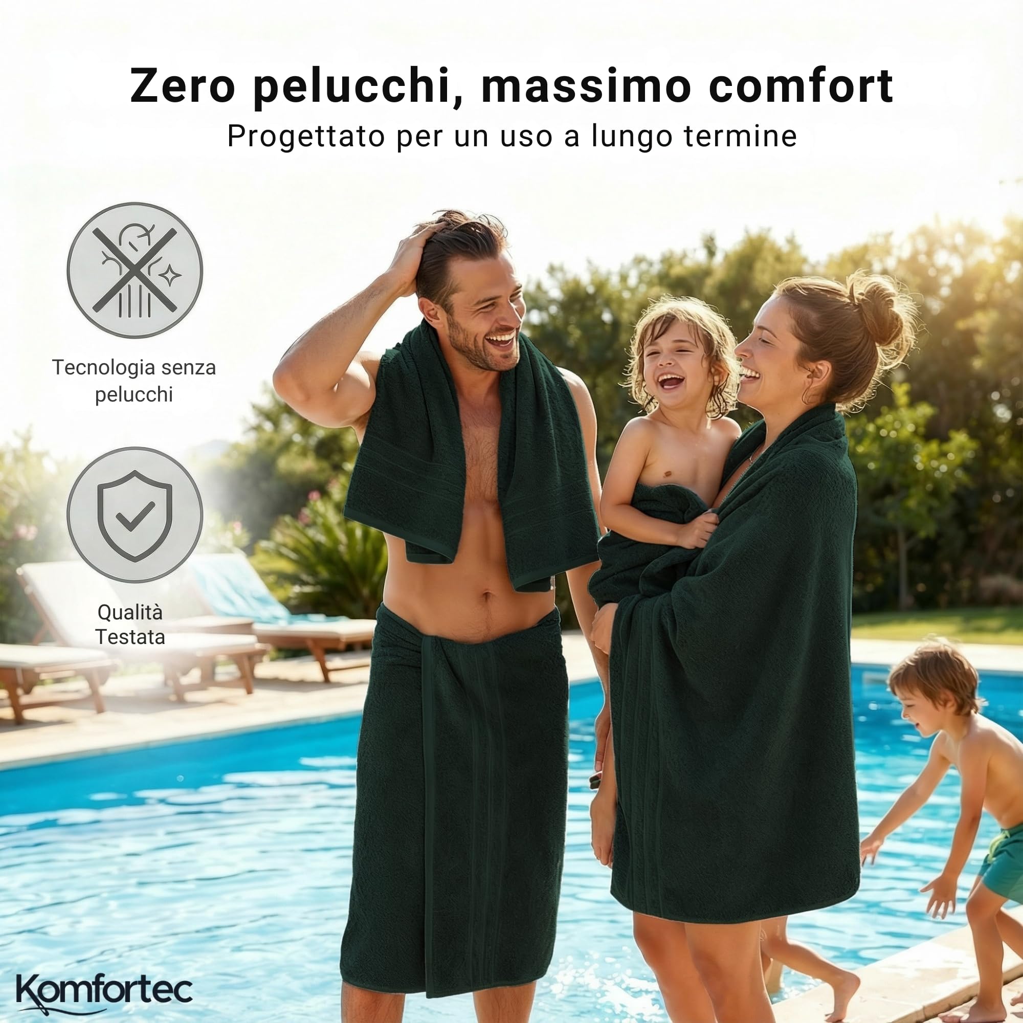 Komfortec Set di 8 asciugamani in 100% cotone, 4 teli da bagno 70 x 140 e 4 asciugamani da 50 x 100 cm, spugna, morbido, grande, verde scuro