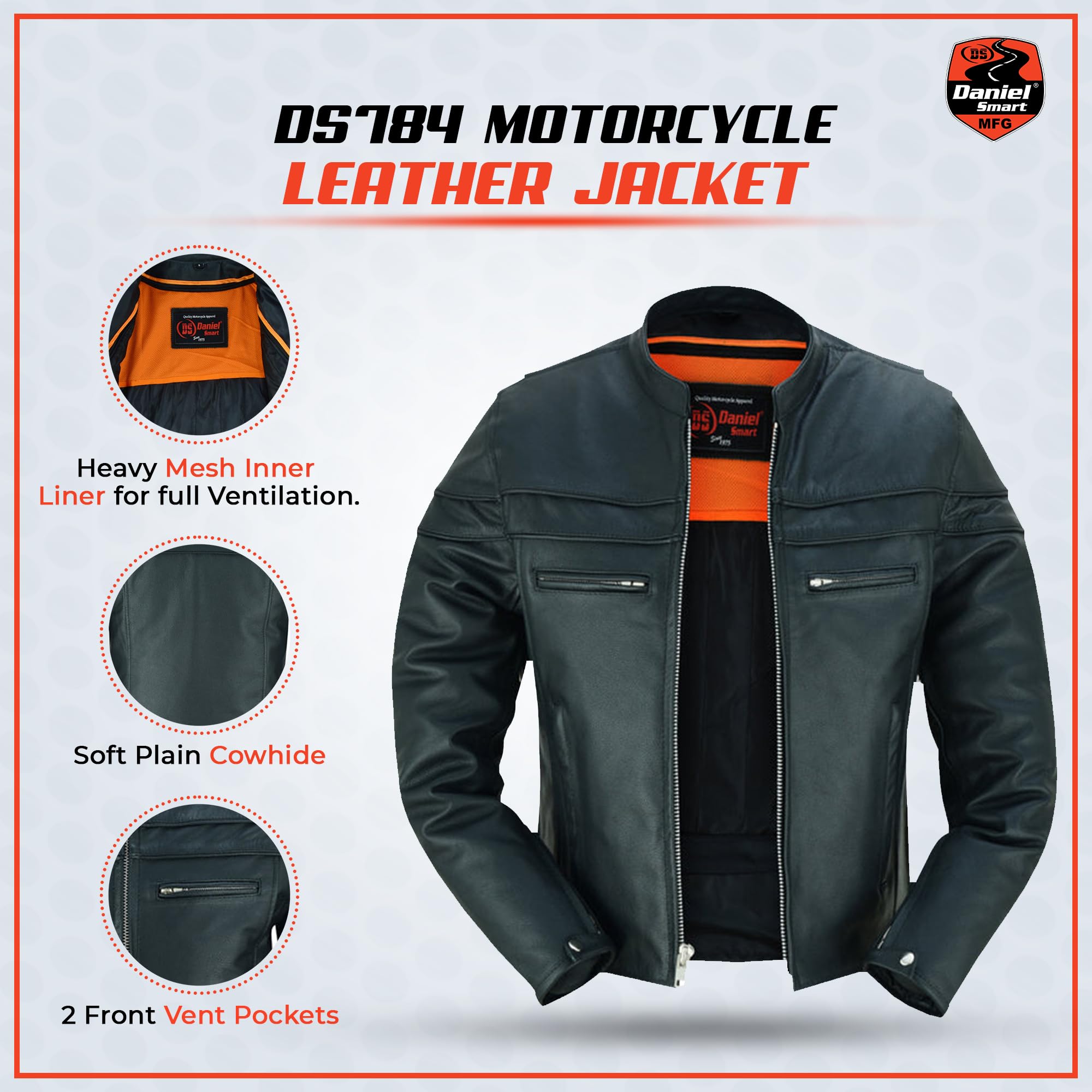 Daniel Smart Men Motorcycle Black Leather Jacket Mandarin Collar Biker Leather Jacket with Concealment Armory Pockets