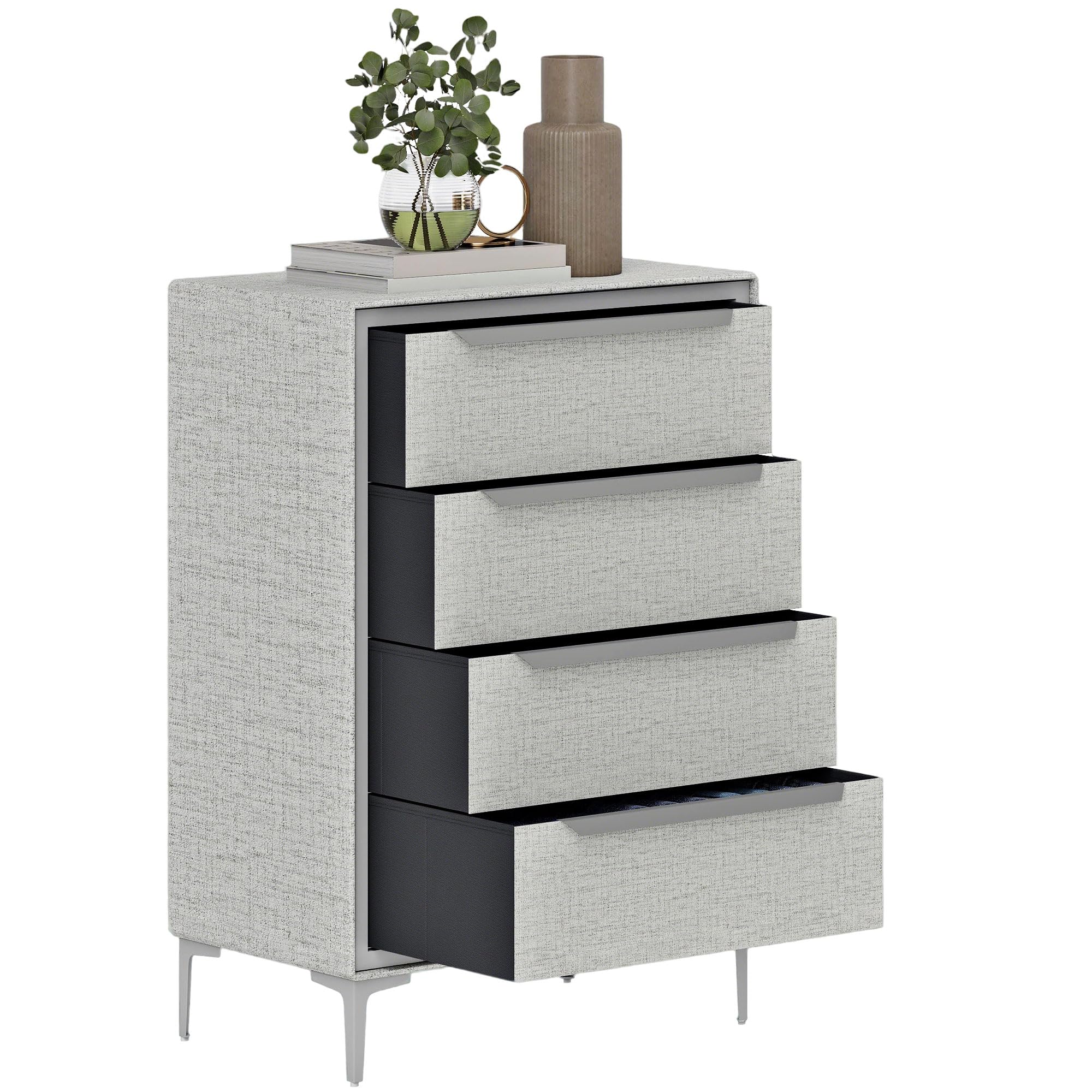 HOMCOM Cassettiera 4 Cassetti in Tessuto Effetto Lino 60x36x88 cm Grigio | Cassettiera Camera da Letto, Elegante e Moderna, Struttura in Acciaio, per Ingresso e Soggiorno