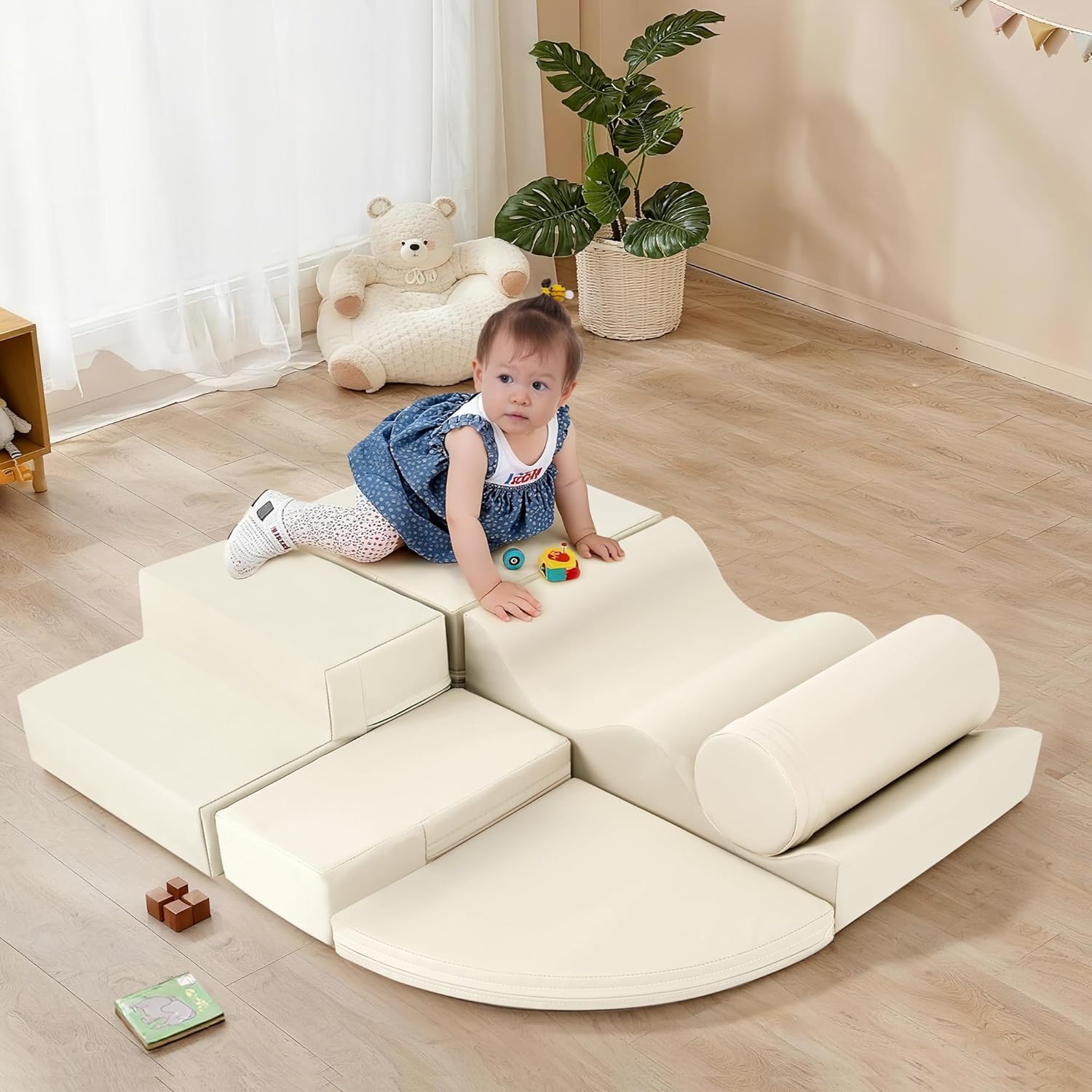 6 Piece Soft Climb and Crawl Activity Playset, Toddler Climbing Toys Indoor, Toddler Playtime Corner Climber, Soft Play Equipment, Foam Climbing Toys for Toddlers, Babies (Cream)