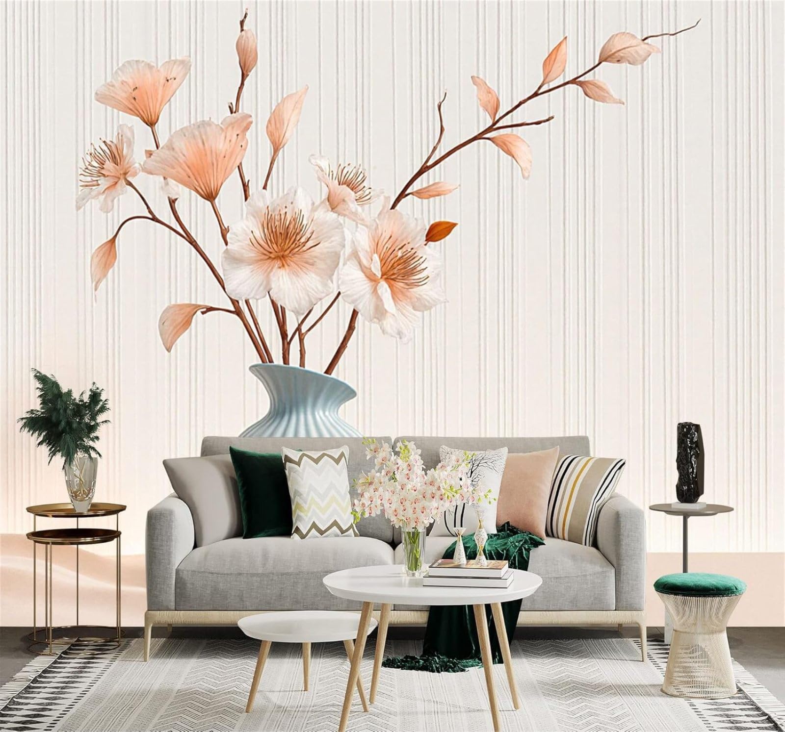 YueMingDi Elegance Minimalism Soft Tones Peach Blossoms Ceramic Vase 3D Wallpaper Creative Modern Decoration Murals Home Decor Study Living Room Bedroom Sofa Background-300cm×210cm