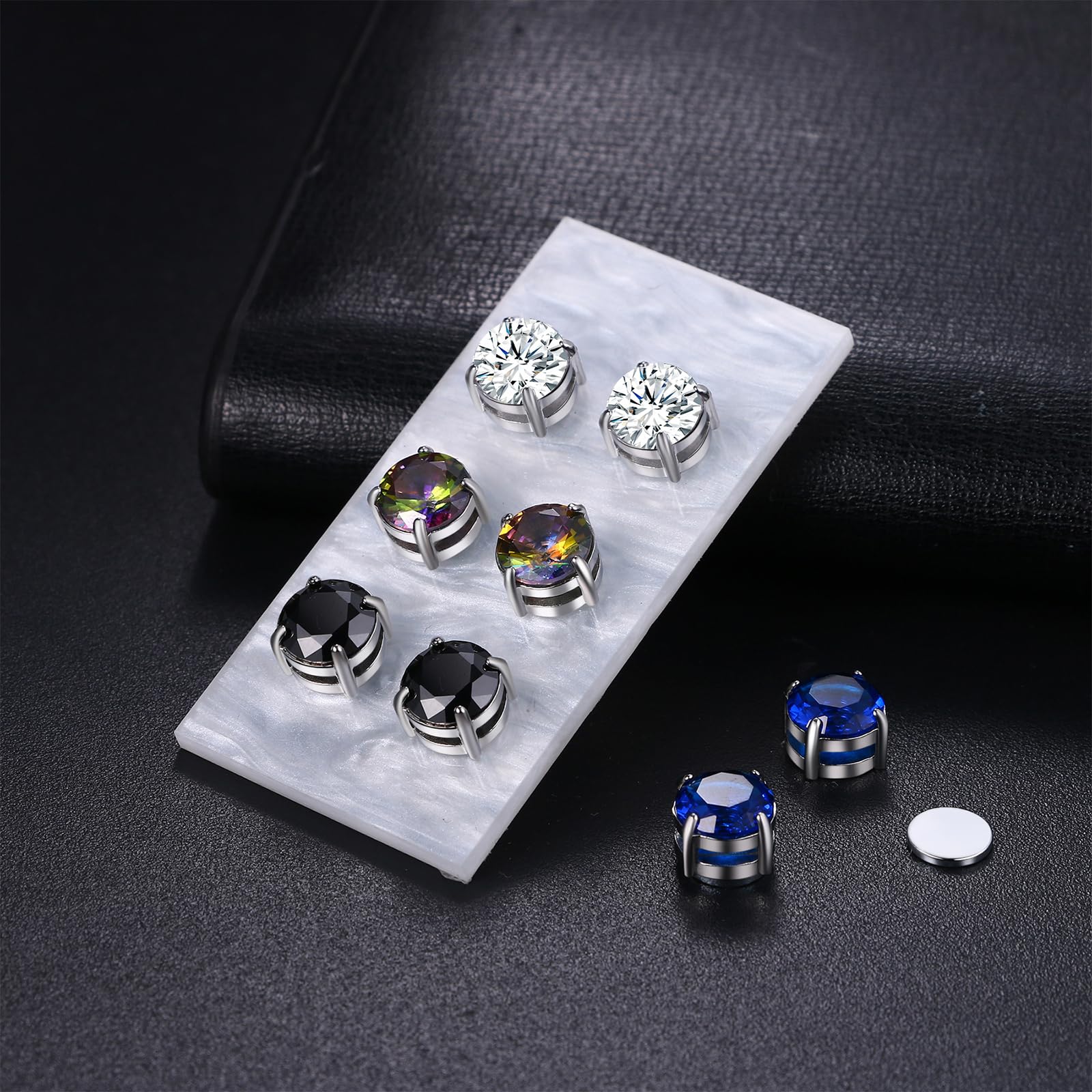 JewelryWe Kolczyki magnetyczne dla mężczyzn i kobiet: 4 pary 8 mm kolorowe okrągłe cyrkonie stal szlachetna magnetyczne kolczyki na sztyfcie, bez przekłuwania uszu, Stal nierdzewna