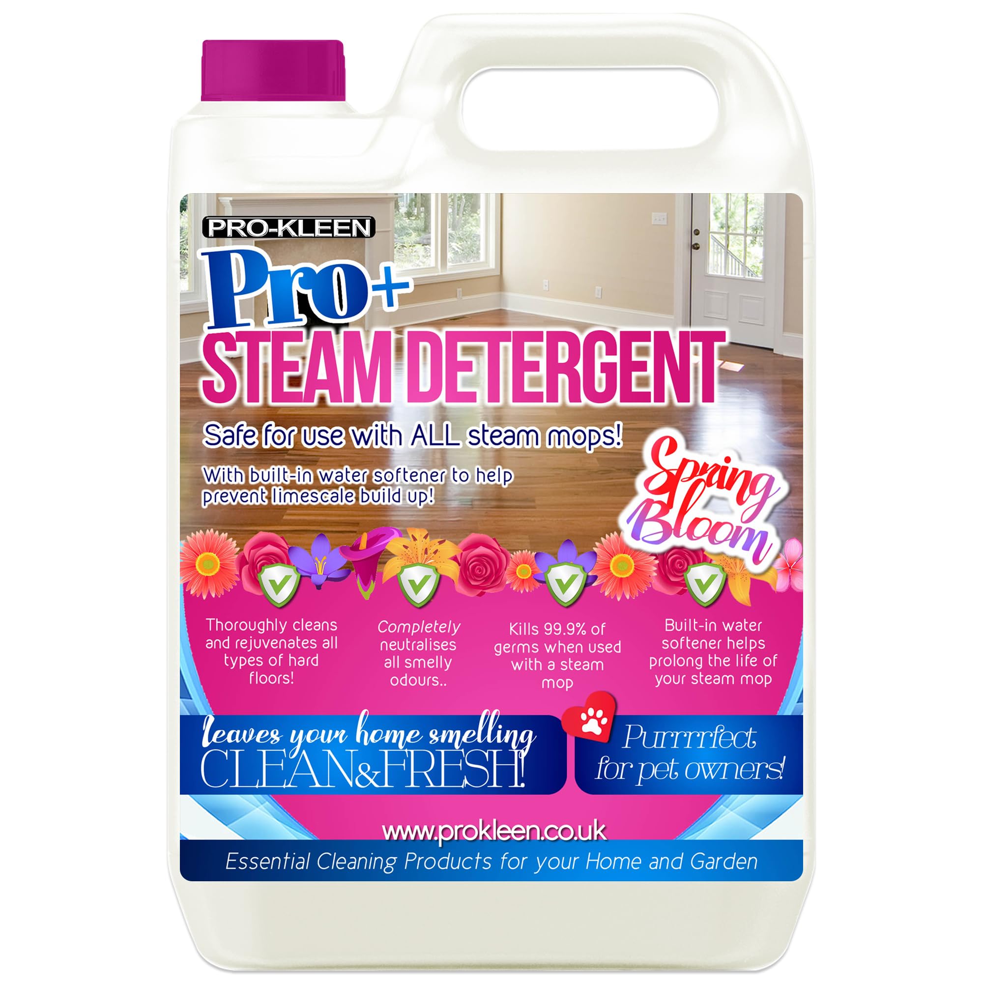 Pro-Kleen Steam Mop Detergent Cleaner 5L – Kills 99.9% of Bacteria, Concentrated Formula, Odour Neutralising, Safe for Homes with Pets & Children, Suitable for All Steam Mops (Spring Bloom)