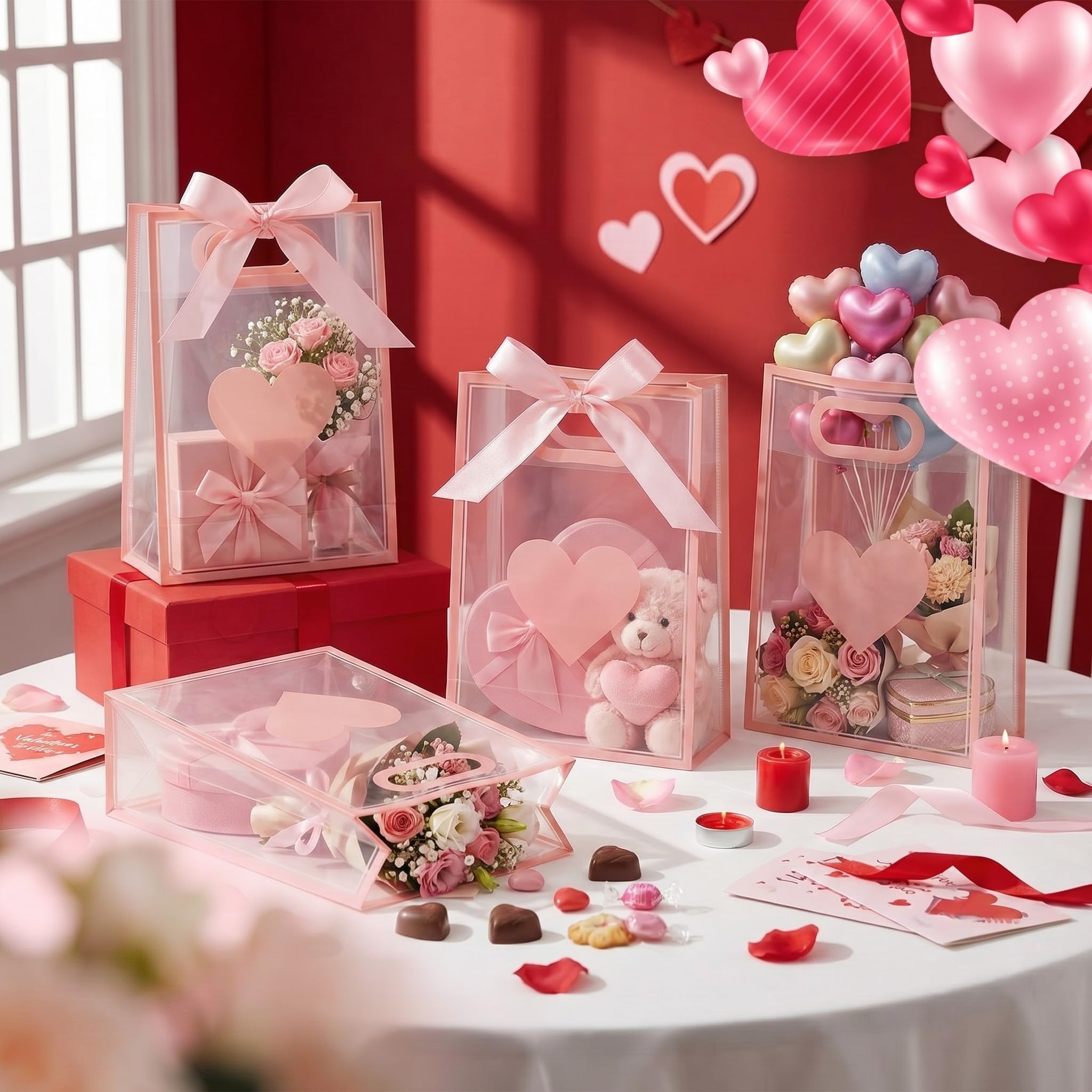 Gueevin 24 Pcs Mother's Day Heart Gift Bags with Ribbon Pink Heart Clear Plastic Gifts Bags with Handles Reusable Gift Wrap Tote Bag for Mom Wedding Bridal Birthday Party