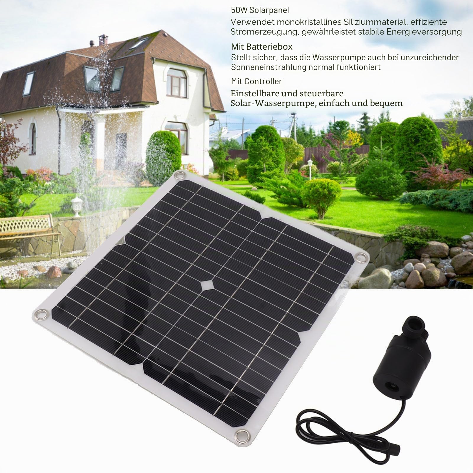 Fockety Solar-Wasserpumpe, 22 W Solar-Brunnenpumpe für den Außenbereich mit 50 W 12 V Solarpanel, Batteriekasten und MPPT-Regler, Solar-Brunnenpumpen-Set für Teich, Garten, Pool, Aquarium