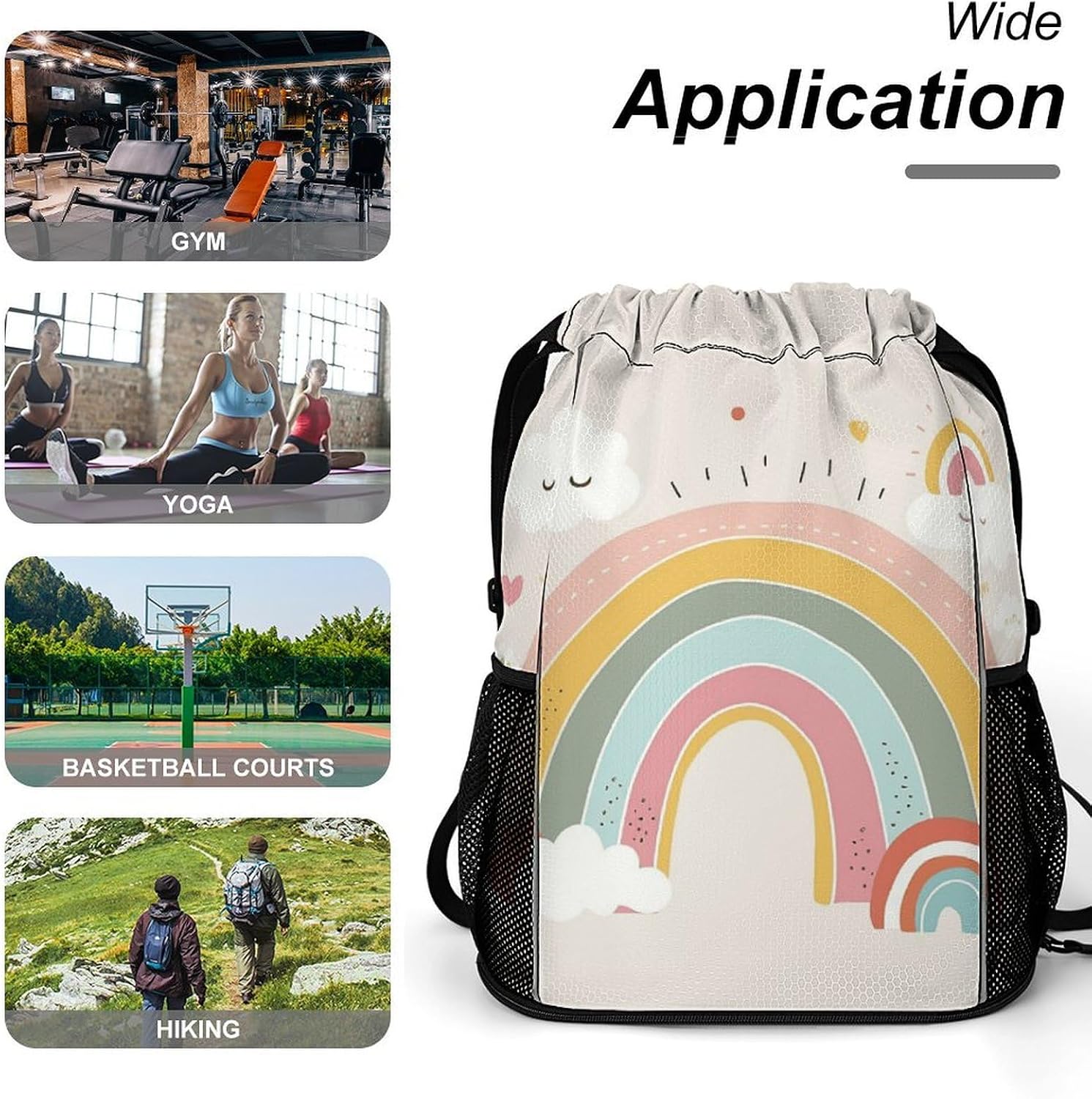 Rainbow And Cloud Drawstring Backpack with Wet Pocket - Large Capacity Gym Bag with Shoe Compartment & Mesh Pockets, Adjustable Lightweight Gym Backpack for Swimming, Travel, Workout