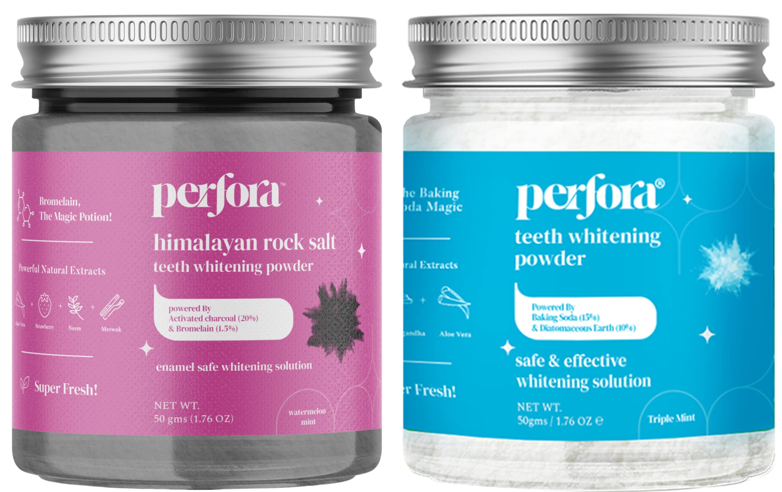 Perfora Teeth Whitening Powder Combo Triple Mint and Activated Charcoal | Enamel Safe & Effective Teeth Whitener Solution Dental Kit| Stain Removal and Triple Mint Formula For Long Lasting Freshness