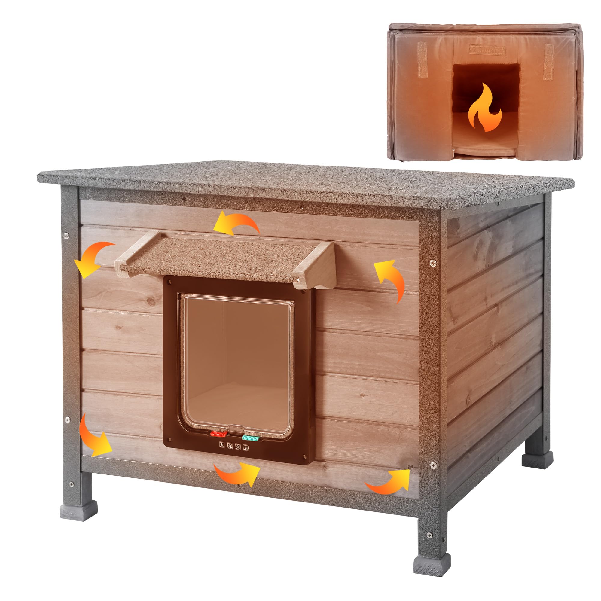 Classics Wooden Outdoor & Indoor Cat House,Waterproof Asphalt Roofs and Metal Frames Cat Cave with Moisture Proof Elevated Base Animal Shelter (Grey-Insulated)