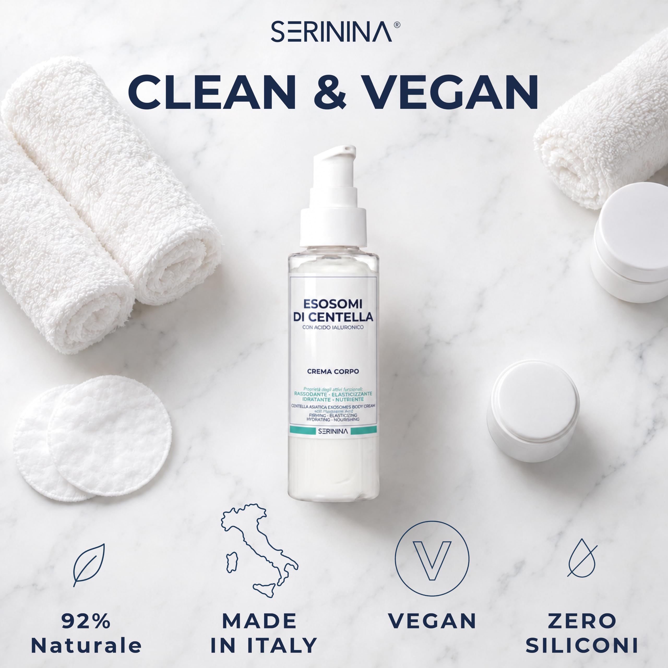 SERININA Crema Corpo agli Esosomi di Centella con Acido Ialuronico - Idratante Nutriente Rassodante - Pelle Tonica Elastica e Vellutata - Anti-Età Biotech K-Beauty - Vegan 92% Naturale - 200 ml