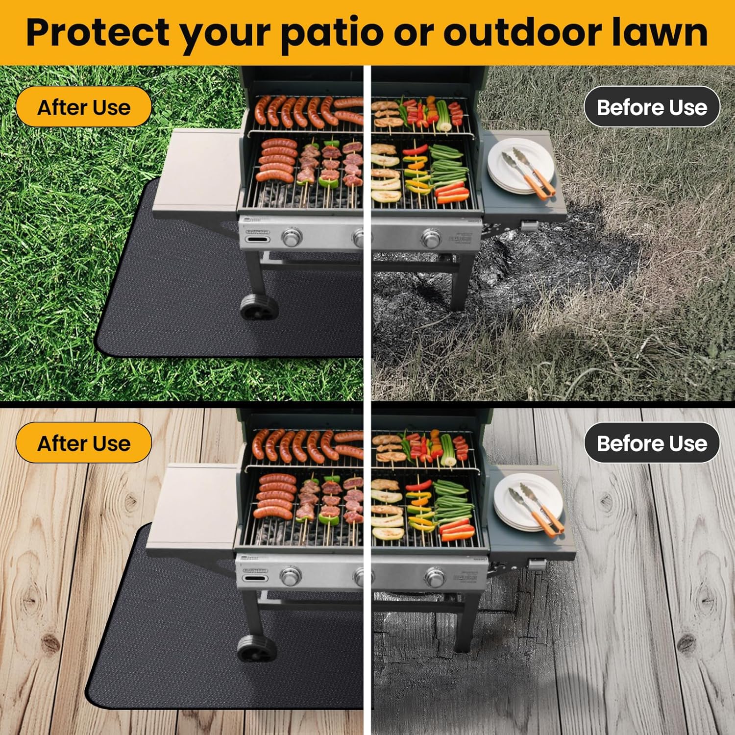 GOTOTOP Fire Pit Mat, 93x132cm BBQ Grill Mat, 2000 Degrees Heatproof, Large Under Grill Pad for Charcoal Grills Deck Patio, Black