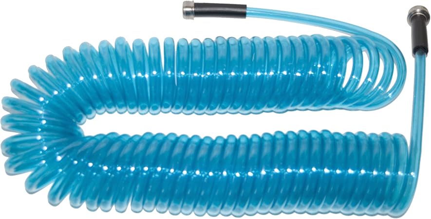 SpringHose Deluxe 75ft x 3/8in Inside Diameter Polyurethane Coiled Garden Hoses - Tangle and UV Resistance Safe Recoil Garden Hose for Drinking Water Patio Garden - Blue Translucent