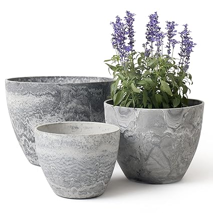 LA JOLIE MUSE Outdoor Planters Pots for Plants Set of 3 - Tree Flower Plant Pots, Plant Container with Drain Holes, 14.2+11.3+8.6 Inches, Marble Pattern