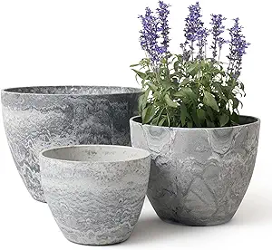 LA JOLIE MUSE Outdoor Planters Pots for Plants Set of 3 - Tree Flower Plant Pots, Plant Container with Drain Holes, 14.2+11.3+8.6 Inches, Marble Pattern