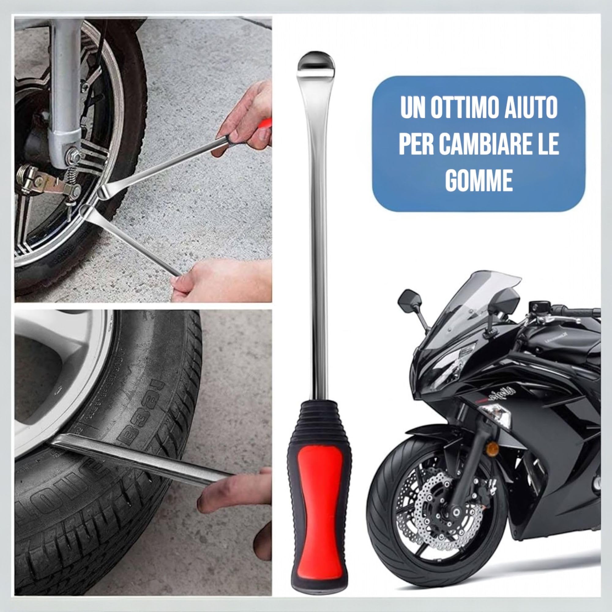 Kit Leve Smontagomme 3 Pezzi in Acciaio + 2 Protezioni Cerchio | Leva a Cucchiaio Cambio Pneumatici Moto, Auto, Bici | Attrezzi per Riparazione e Montaggio Gomme | Robuste, Sicure, Portatili