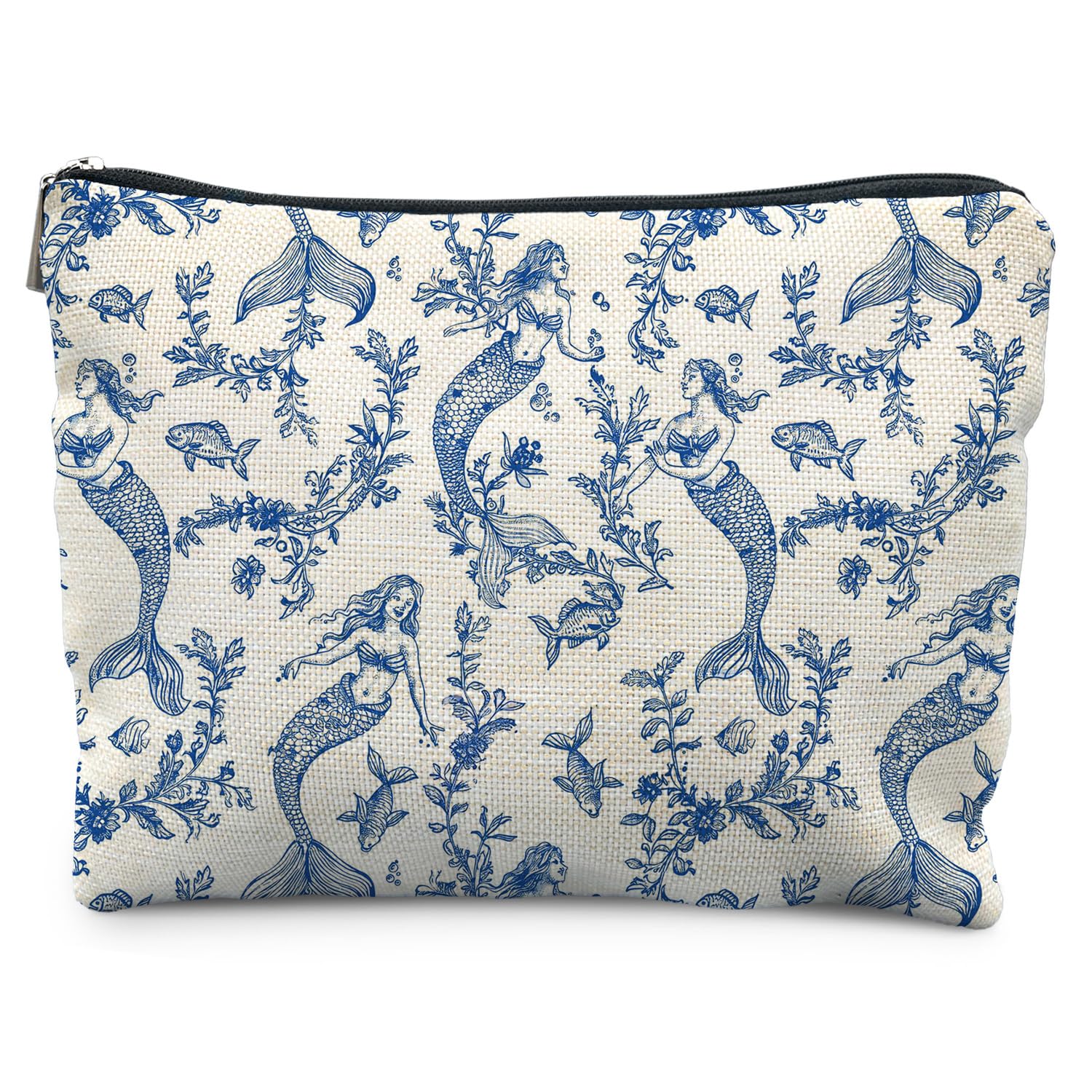 Blue Toile Mermaid Makeup Bag for Women, Mermaid Gifts for Women, Nautical Ocean Coastal Cosmetic Bag for Purse, Preppy Beachy Chinoiserie Makeup Zipper Pouch