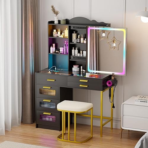 Miniatura 1 de Gurexl Escritorio RGB con espejo deslizante y luces LED, 7 dinámicos y 24 estáticos regulables con parte superior de cristal, tocador con estación