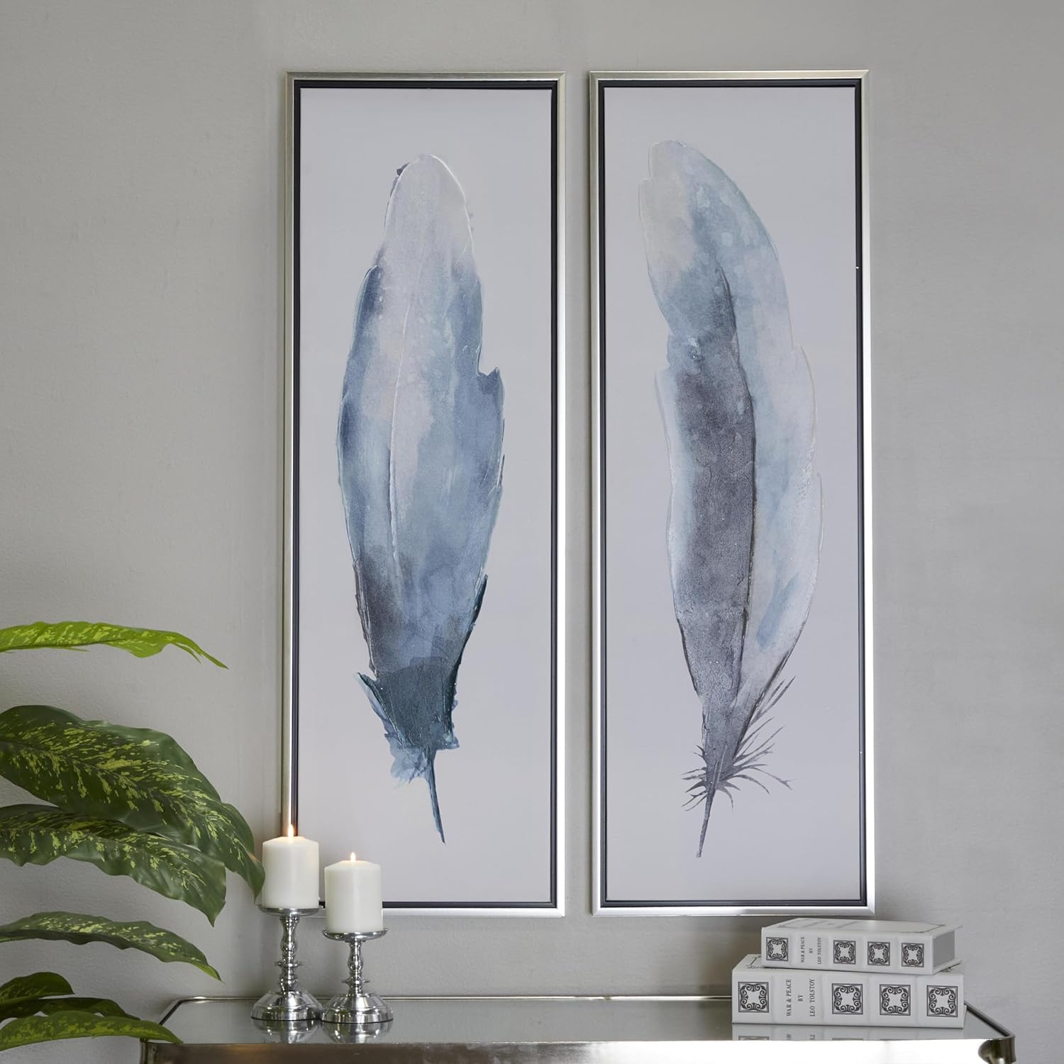 Deco 79 Canvas Bird Living Room Framed Wall Art Feathers Canvas Wall Art with Silver Frame, Set of 2 Wall Art 16W, 47H, Blue