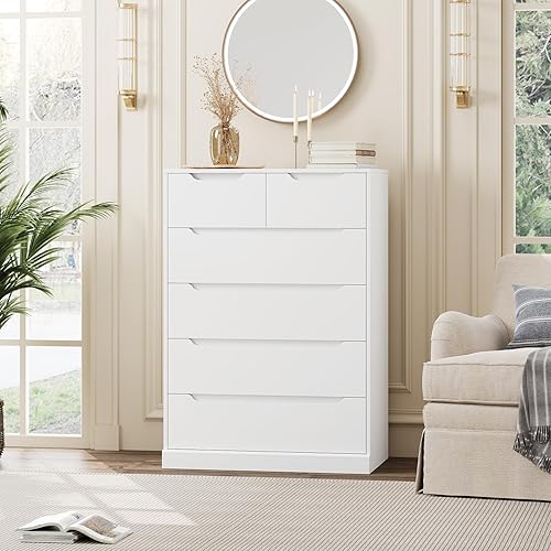 Miniatura 2 de HOSTACK Cómoda moderna de 6 cajones para dormitorio, cómoda alta con almacenamiento, organizador grande de madera con asa recortada, armario de