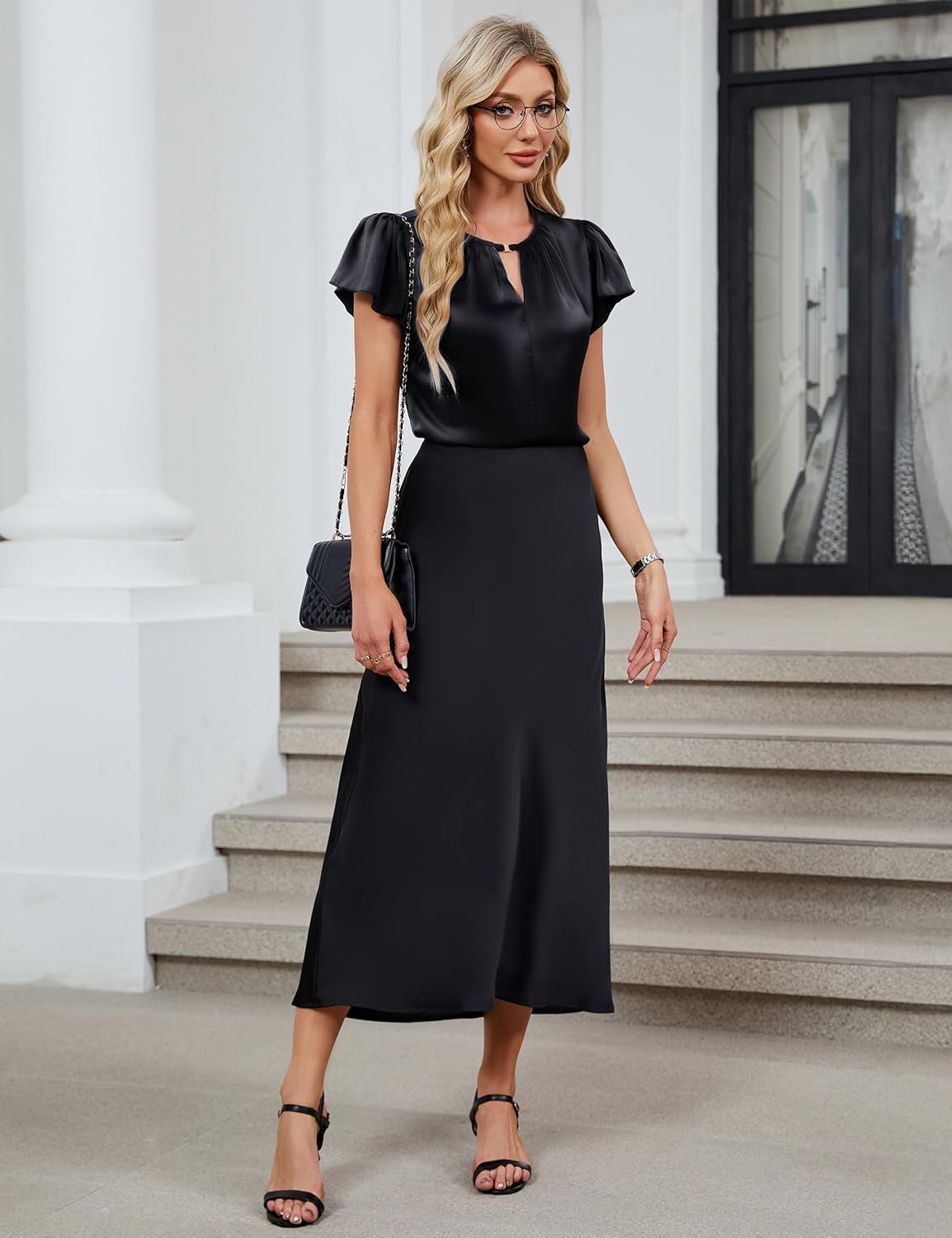 BMJL Womens Dressy Business Casual Blouse Pleated Short Sleeve Tops Satin Silk Work Shirt Keyhole Outfit 2025(Black,XL - Image 3