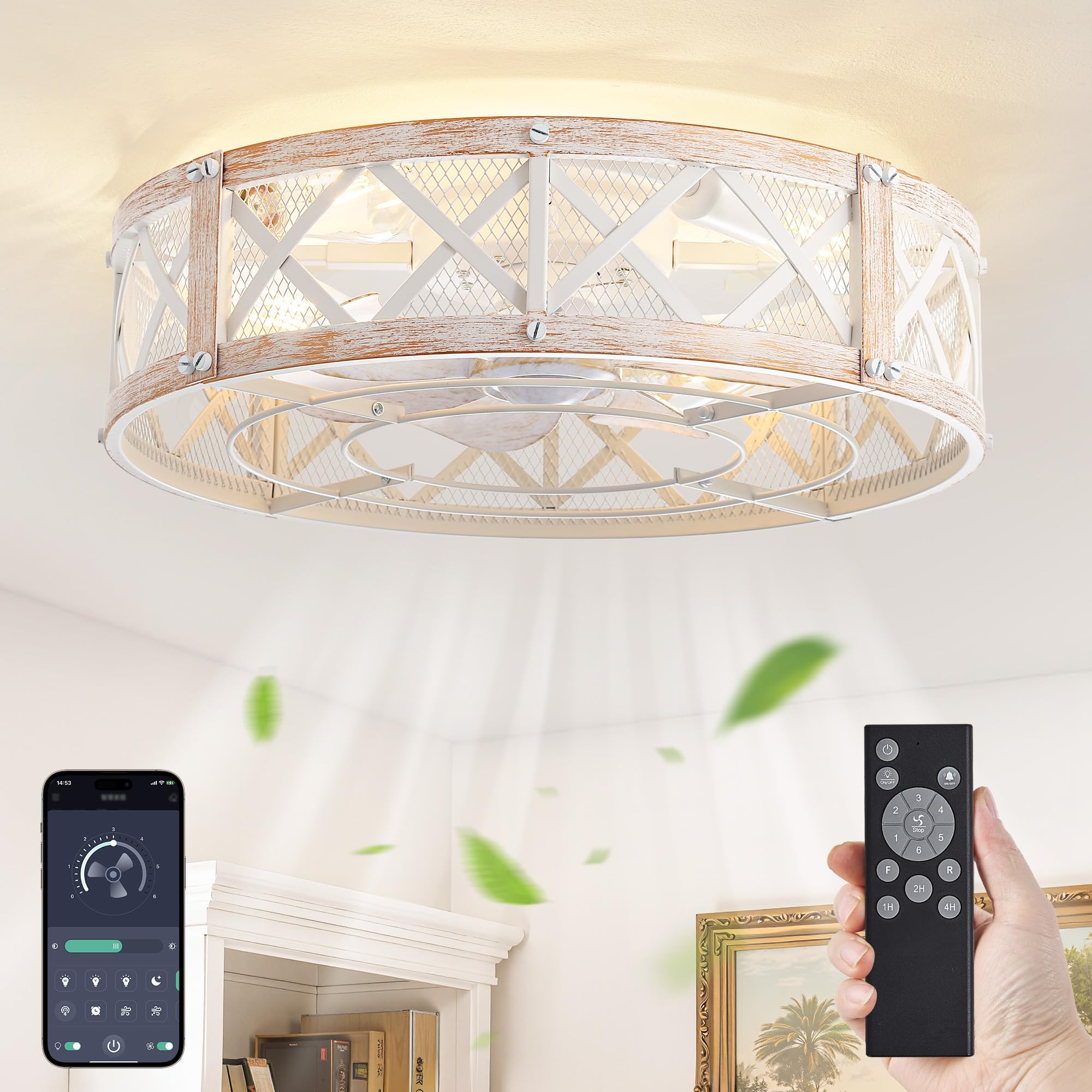 lediary 20" caged ceiling fan with light, app&remote control, small flush mount farmhouse fan lights, low profile rustic bladeless ceiling fan fixtures for bedroom, kitchen-white gold color