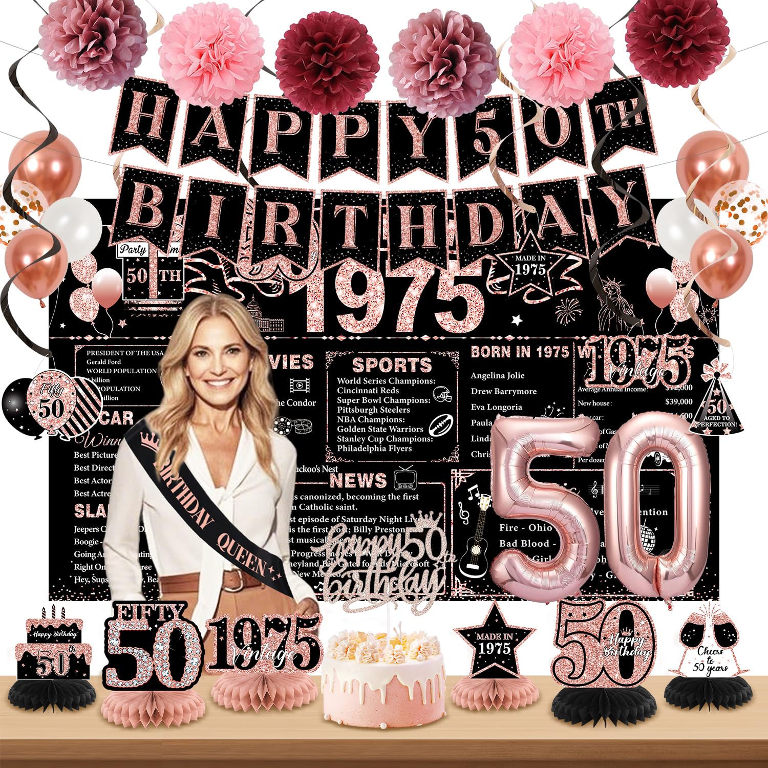50th Birthday Decorations for Women, Rose Gold Back In 1975 Birthday Banner Decorations, Happy 50th Birthday Cake Topper, Balloons, Backdrop, Sash Party Supplies for Women