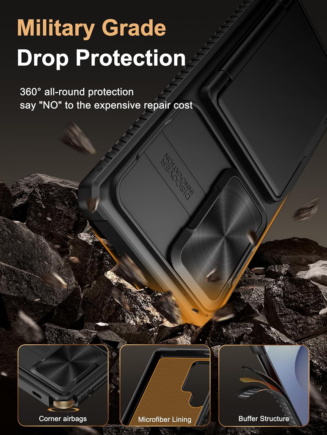 Vihibii for Samsung Galaxy S25 Ultra Case with Card Holder (4 Cards), RFID Blocking & Slide Camera Cover, Military Grade Drop Protection, Rugged Hard Back & Silicone Edge Wallet Case, 6.9" 2025, Black - Image 4