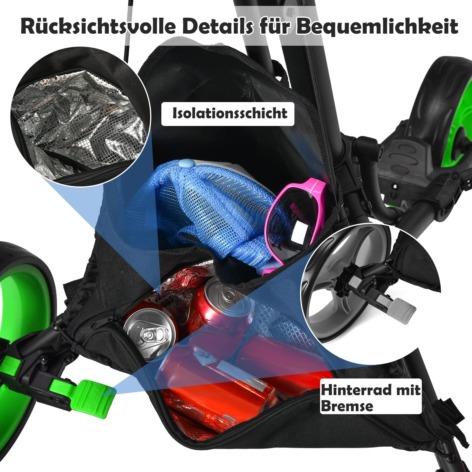 GOPLUS Golf Trolley, Golftrolley 3 Rad mit Verstellbarer Griff, Fußbremse, Golfwagen klappbar mit Schirm- und Getränkehalter & wasserdichter Tasche, Golfcaddy Golf Push Cart