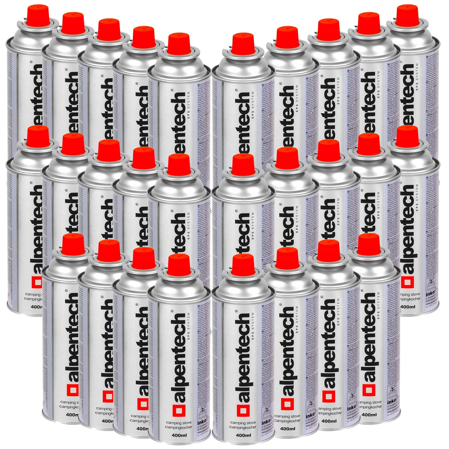 Alpentech Butan Schraubkartuschen EN417, 220 g, 28er Set | 400 ml, Gas-Stop-Ventil, EN417, für Campingkocher, Gasbrenner und Lötlampen