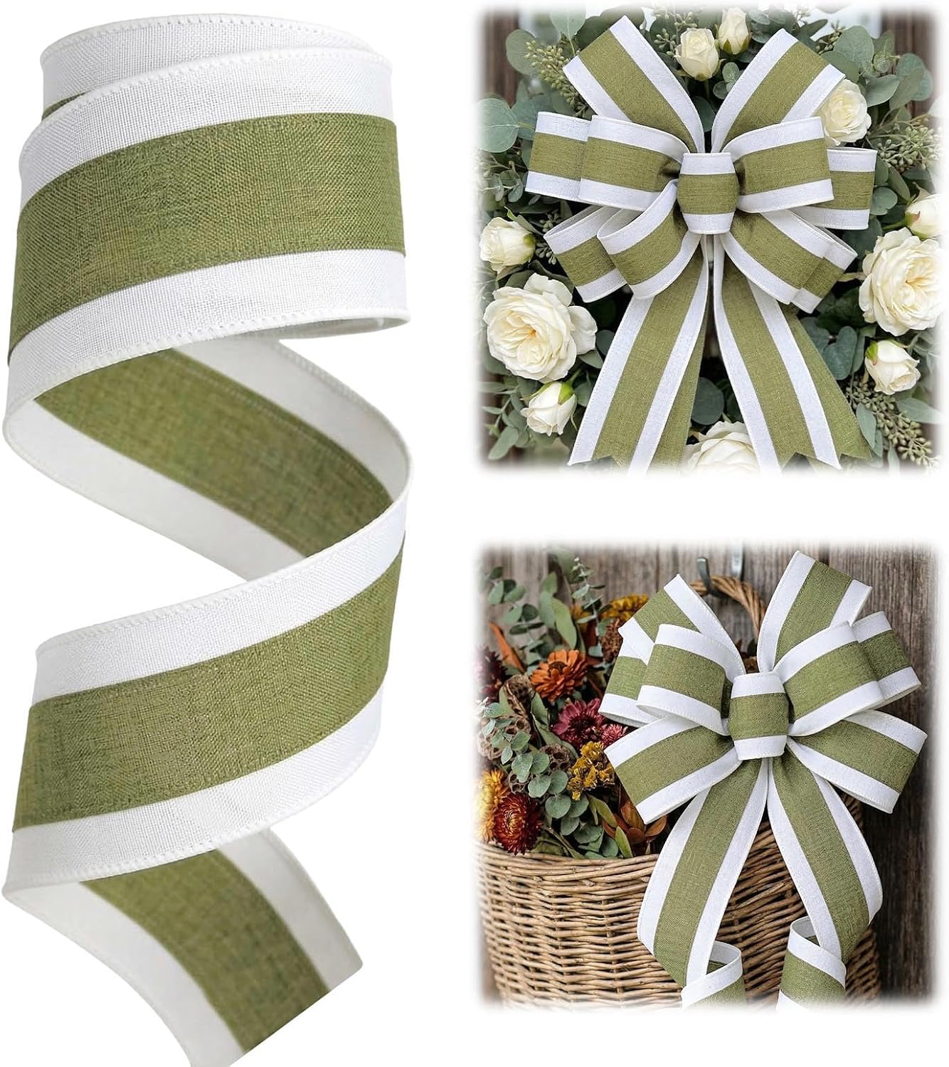 2.5" X 10 Yards Green White Stripe Wired Ribbon, Cream Craft Ribbon for DIY Gift Wrapping Wreath Spring Holiday Christmas Tree Bow Decoration
