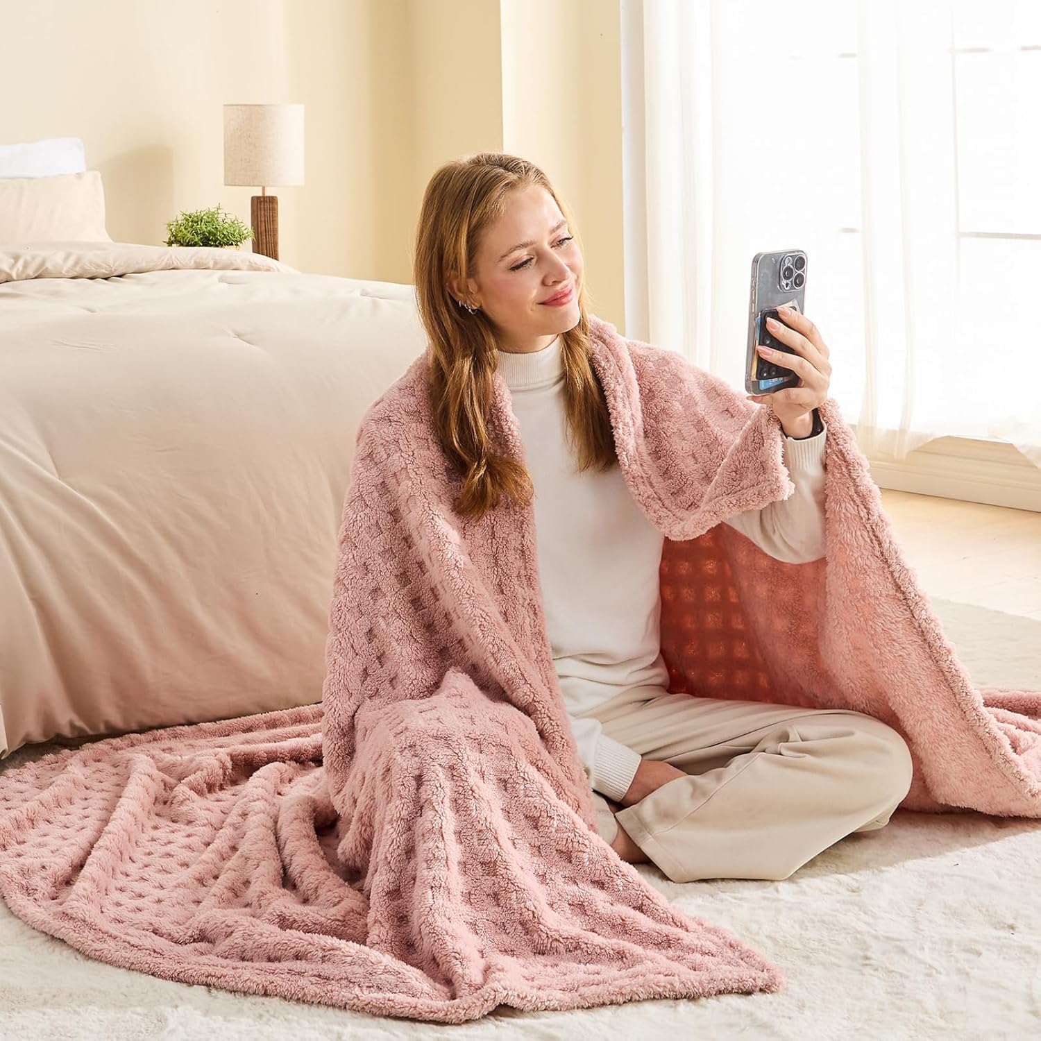 NEWCOSPLAY Super Soft Twin Blanket Pink Premium Silky Flannel Fleece 3D Waffle Checkered Lightweight Bed Blanket All Season Use (Pink, Twin(60"x80")) - Image 3