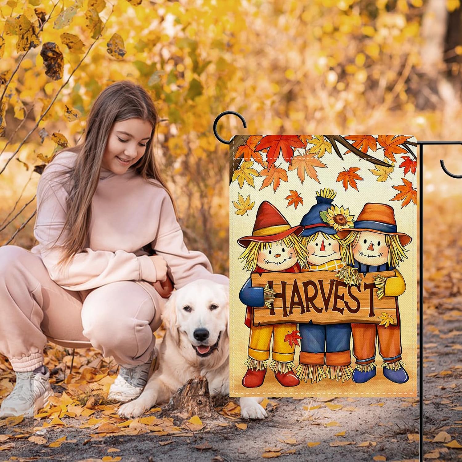 Dyrenson Fall Harvest Scarecrow Decorative Garden Flag, Autumn Maple Leaves Yard Outside Home Decoration, Farmhouse Burlap Outdoor Small Decor Double Sided 12 x 18