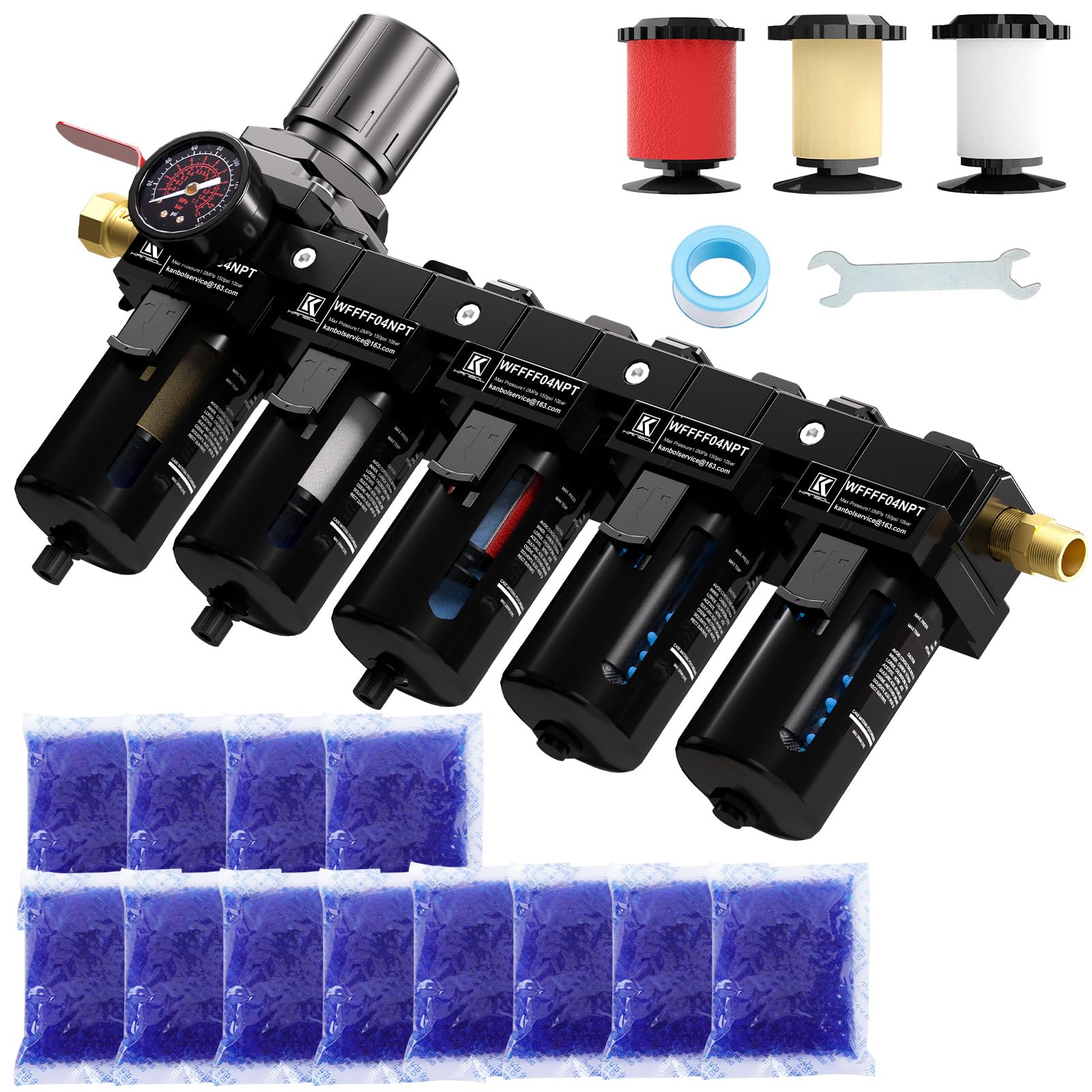 Essiccatore d'aria a 5 stadi NPT da 1/2 pollice per compressore, filtro in ottone e filtro a coalescenza, doppio essiccatore essiccante e regolatore d'aria, sistema di separazione dell'acqua