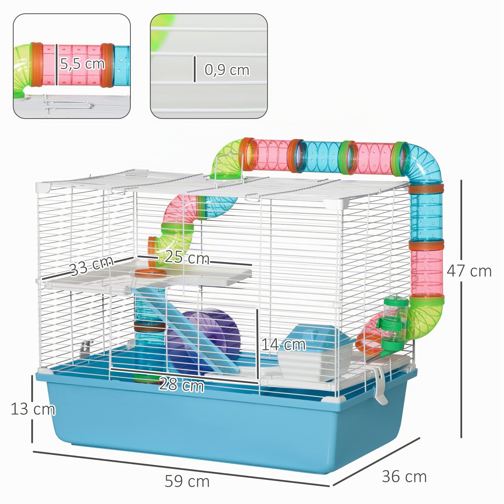 PawHut Käfig für Nagetiere und Hamster, 3 Ebenen, mit Tunnel, Wasserflasche, Rädern, Haus, Leiter, Maße: 59 x 36 x 47 cm (L x B x H)