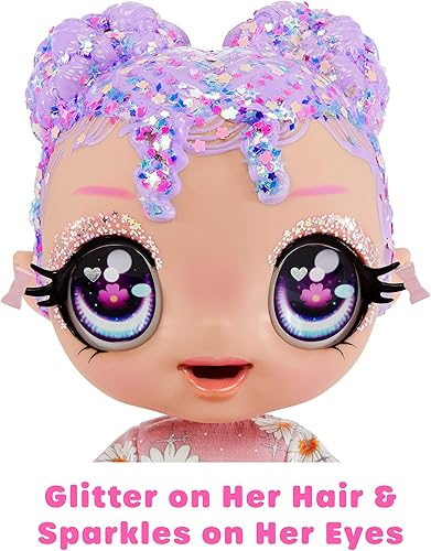 Miniatura 5 de MGA Entertainment Glitter BABYZ Lila Wildboom - Muñeca bebé con 3 cambios mágicos de color, cabello morado, traje de flores, pañal, botella, regalo