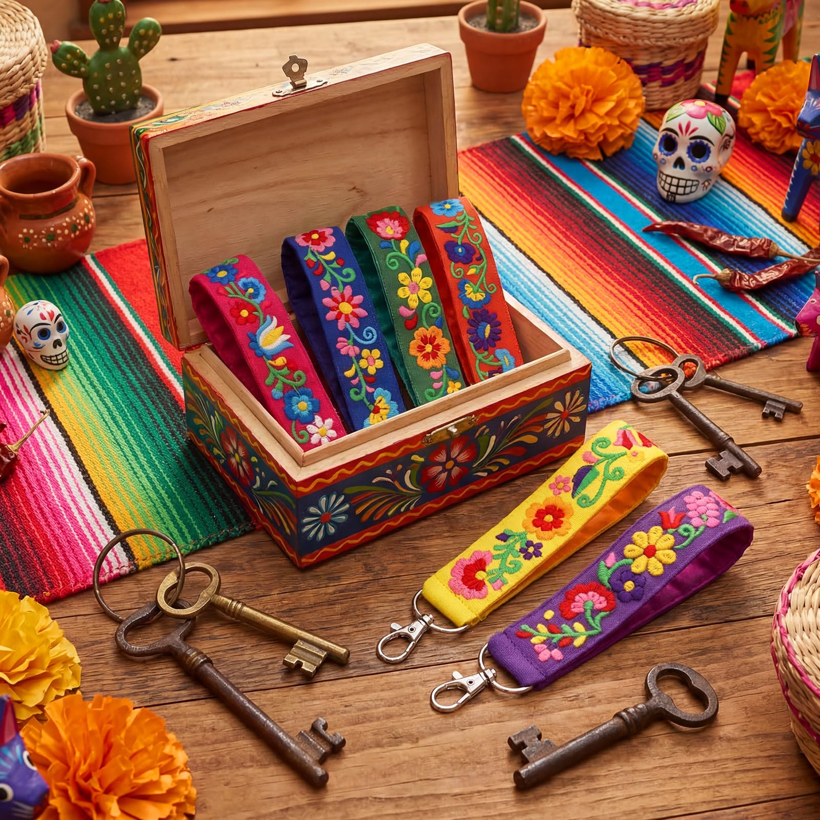 Kigeli 12 Pcs Mexican Floral Embroidery Keychain Set, Vibrant Color Polyester Fabric Keychain & Zipper Pull, Mexican Gift for Women Men, Day of The Dead, Purse Backpack Car Keys