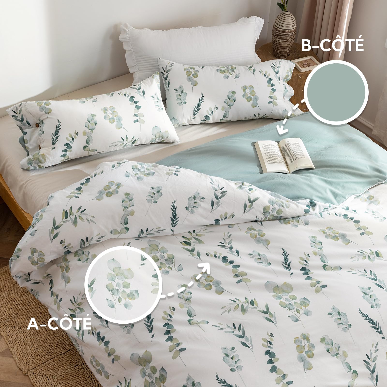 MILDLY Housse de Couette 220x240 Coton - Design Motif Botanique, 100% Coton Lavé, Certifié Oeko-TEX, Vert Sauge Motif Feuilles Parure de Lit 2 Personnes 220x240 Coton avec 2 Taies d'oreiller 65x65 cm