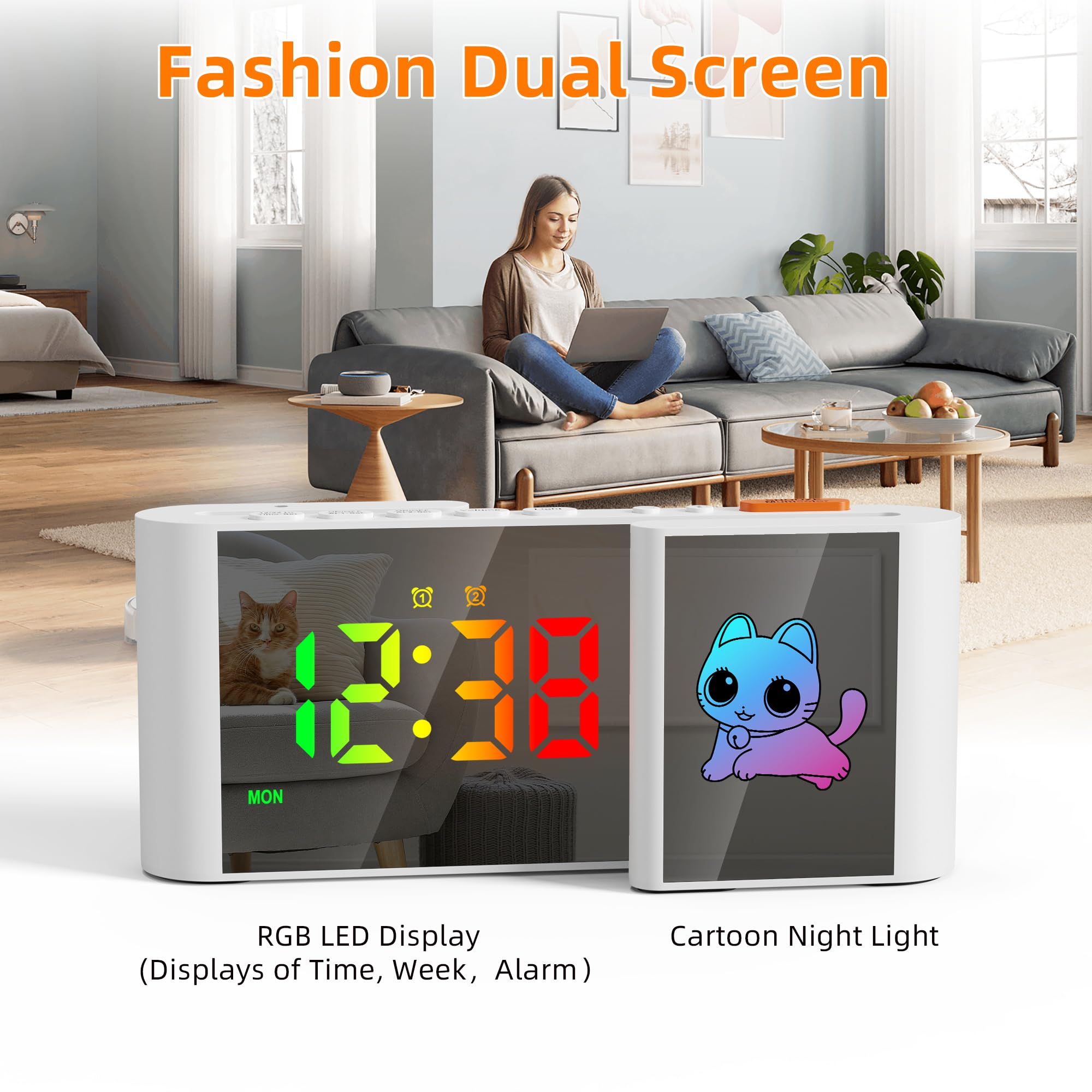 Sveglia RGB per Bambini - Schermo RGB con Luce Notturna a Disegno Animato - Doppia Allarme - Funzione Snooze - Regolatore di Volume - Visualizzazione della Settimana - Gatto Bianco