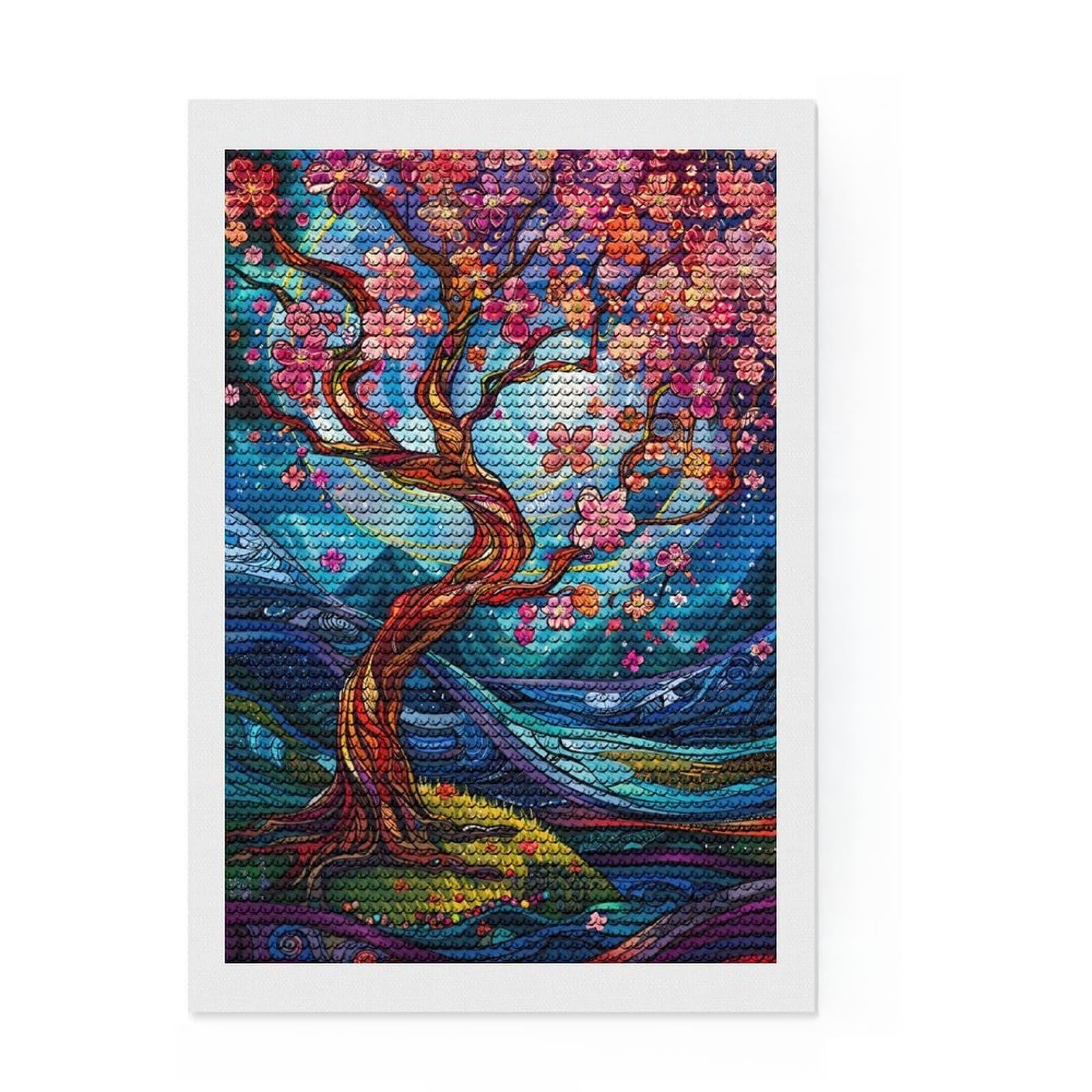 Junmoney Abstract Cherry Blossoms Diamond Painting Set 8"x12", Holiday Gift Idea, for Women, Easy Handmade Project, Vintage Style Decor