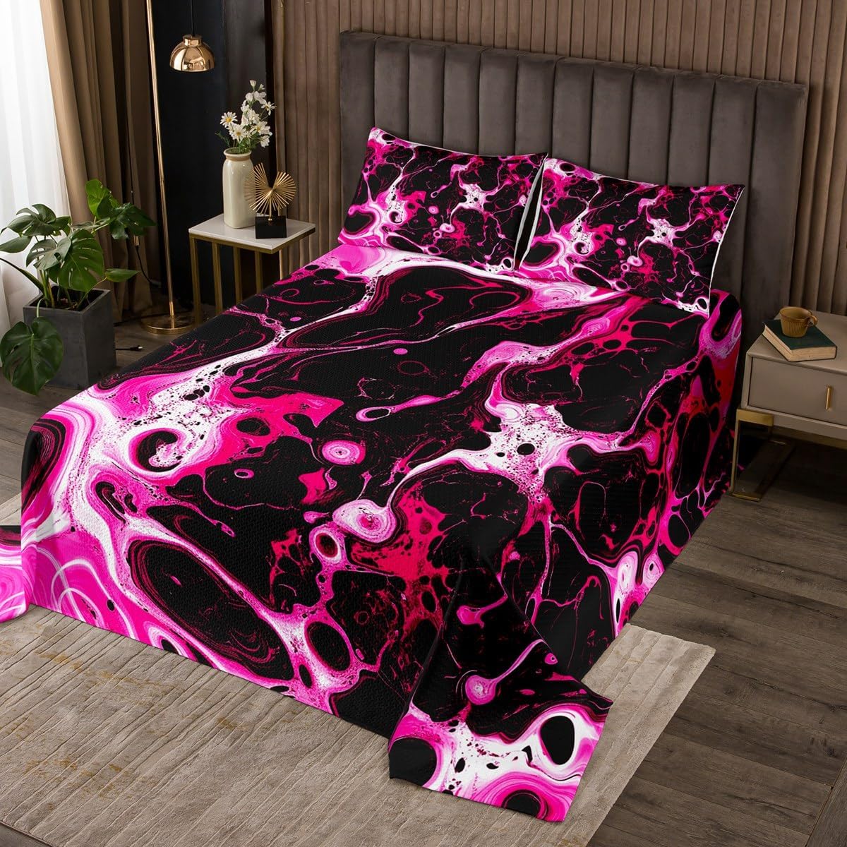 Erosebridal Black Hot Pink Quilt Set Queen Watercolor Abstract Bedspread Aesthetic Marbling Fluid Artwork Coverlet Set for Kids Adults,Modern Fashion Bedding Quilted