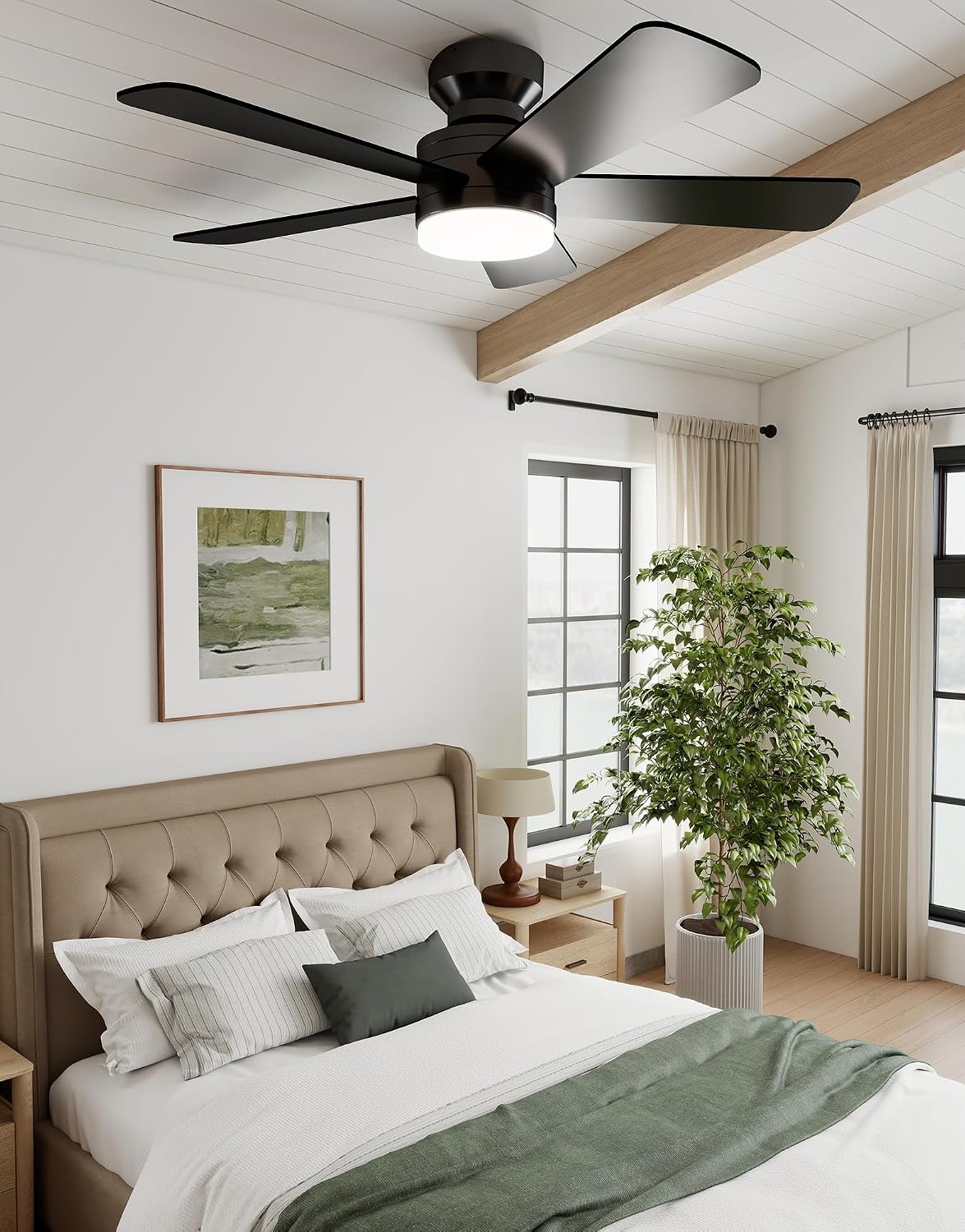 Ceiling Fans with Lights and Remote, 42 Inch Low Profile Ceiling Fan, Flush Mount LED Fan Light with Backlit Night Light Design, 3000K-6000K Dimmable Modern Fandelier Ceiling Fans for Bedroom, Black