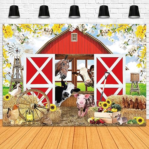 Miniatura 4 de Telón de fondo de fotografía de casa de granja de primavera de 7 x 5 pies, color rojo, rústico, granero, fondo de fiesta de cumpleaños para niños,