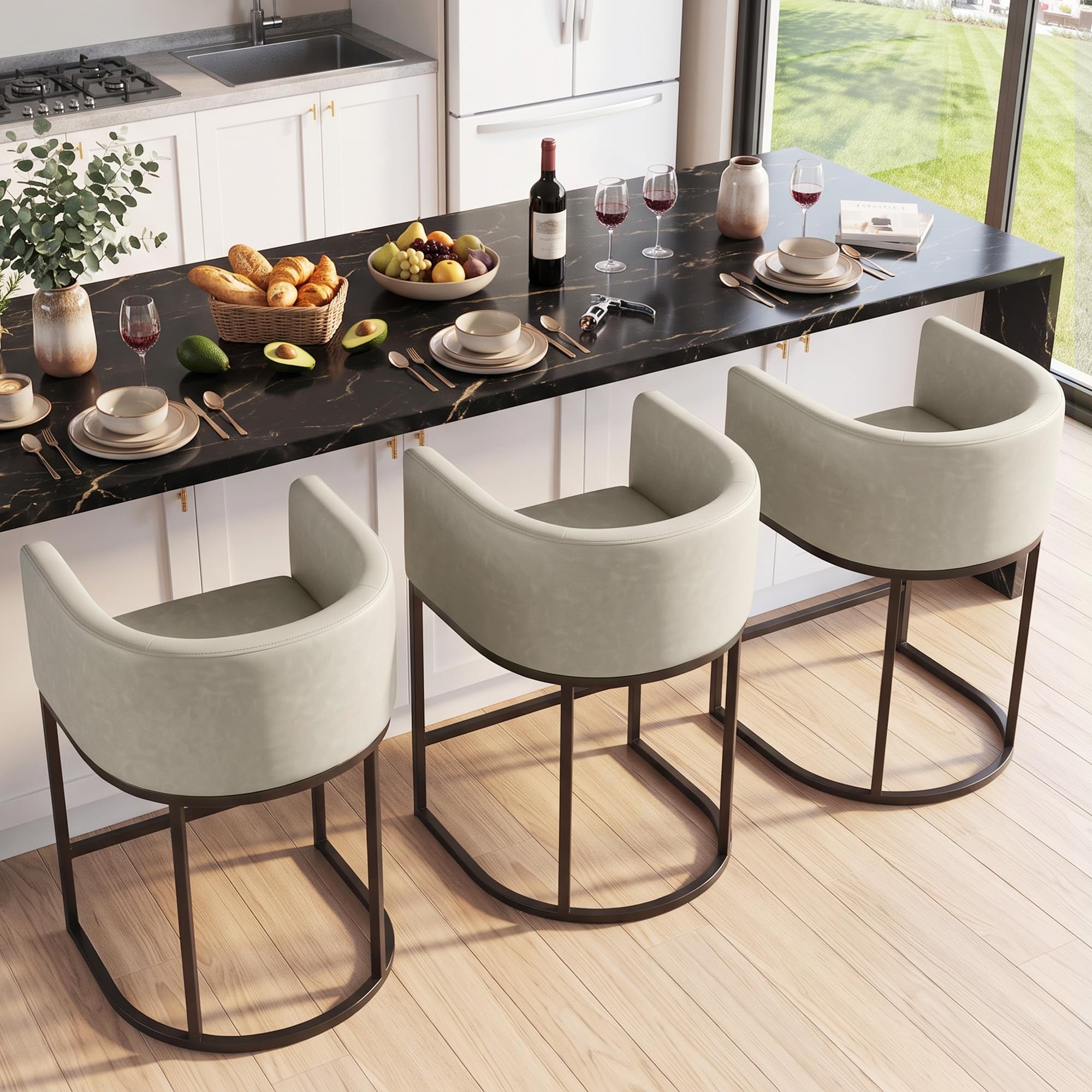 Counter Height Bar Stools Set of 3, Modern Counter Stools for Dining Room, 24 Inch Barstools for Kitchen Island, Faux Leather Bar Stool with Metal Legs and Back Footrest, Greige(White)