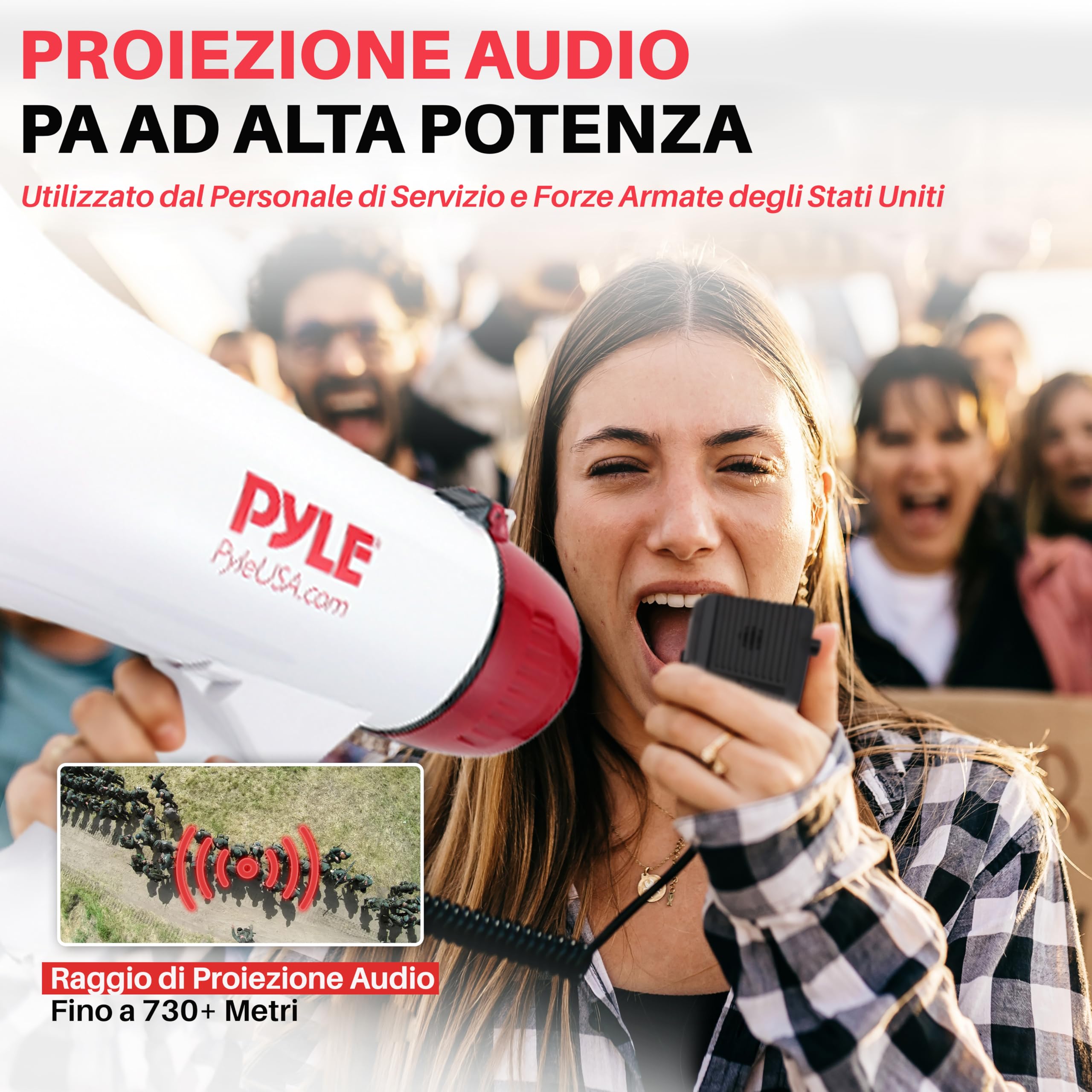 Pyle Megafono 40 Watt, Megafono Portatile con Suono Chiaro e Manico Ergonomico, Multifunzione con Talk, Sirena e Controllo Volume, Microfono Staccabile