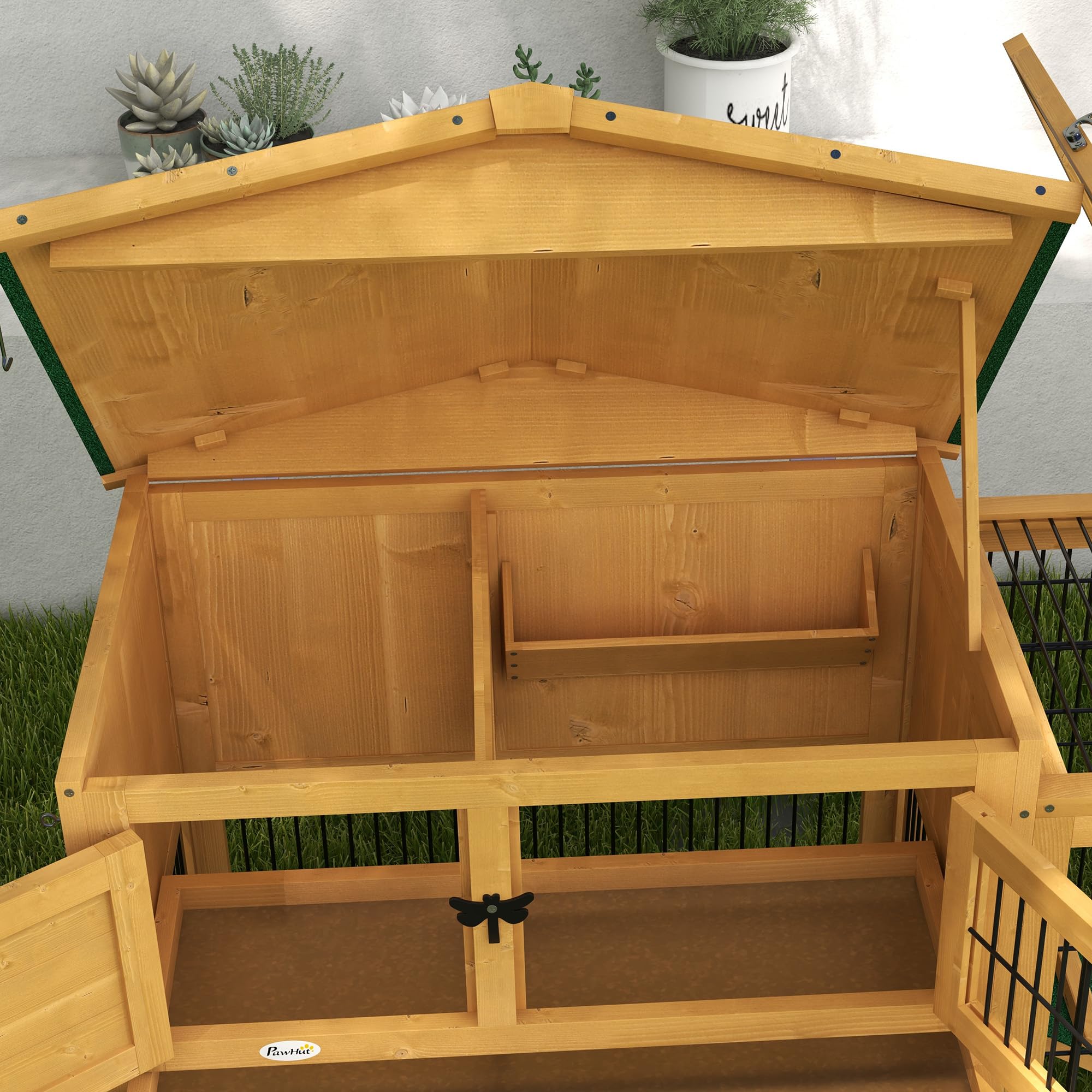 PawHut conejera conejera de 2 niveles de madera de abeto a prueba de invierno casa de dos pisos con recinto al aire libre rampa 150x52x68 cm jaula de conejo al aire libre conejera de animales pequeños