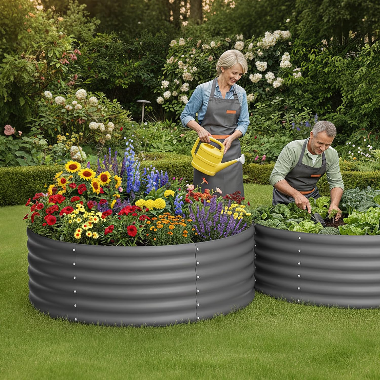 DDK Galvanized Raised Garden Bed, Round Outdoor Planter Bed, 4x4x1.5ft Metal Planter Box for Gardening and Planting,DG
